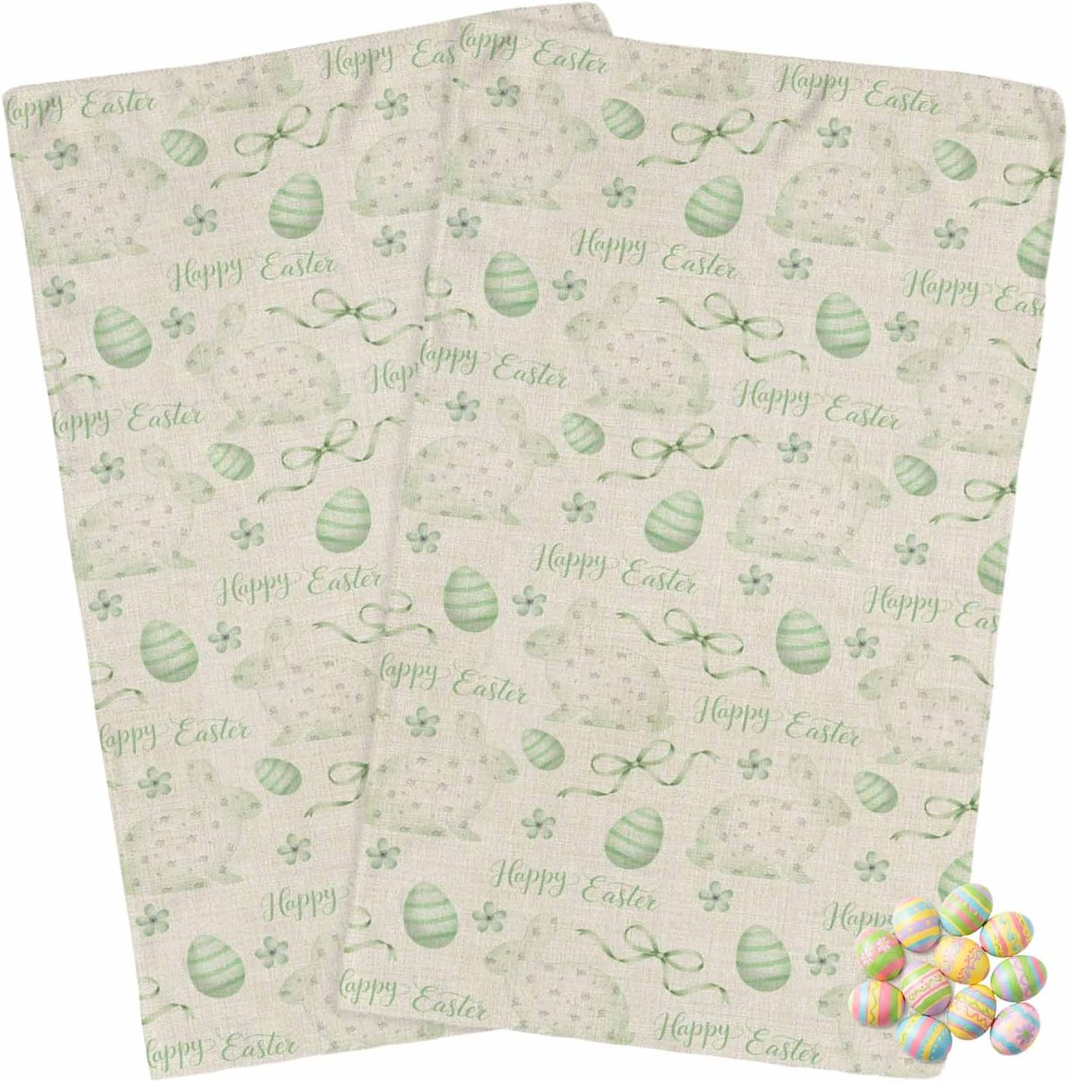 Kitchen Towels Pack of 2 Happy Easter Egg Farm Rabbit Dish Drying Towels,Soft Absorbent Microfiber Cleaning Cloths Green Bow Vintage Linen Quick Drying Hand Towels Set,18×28 inches