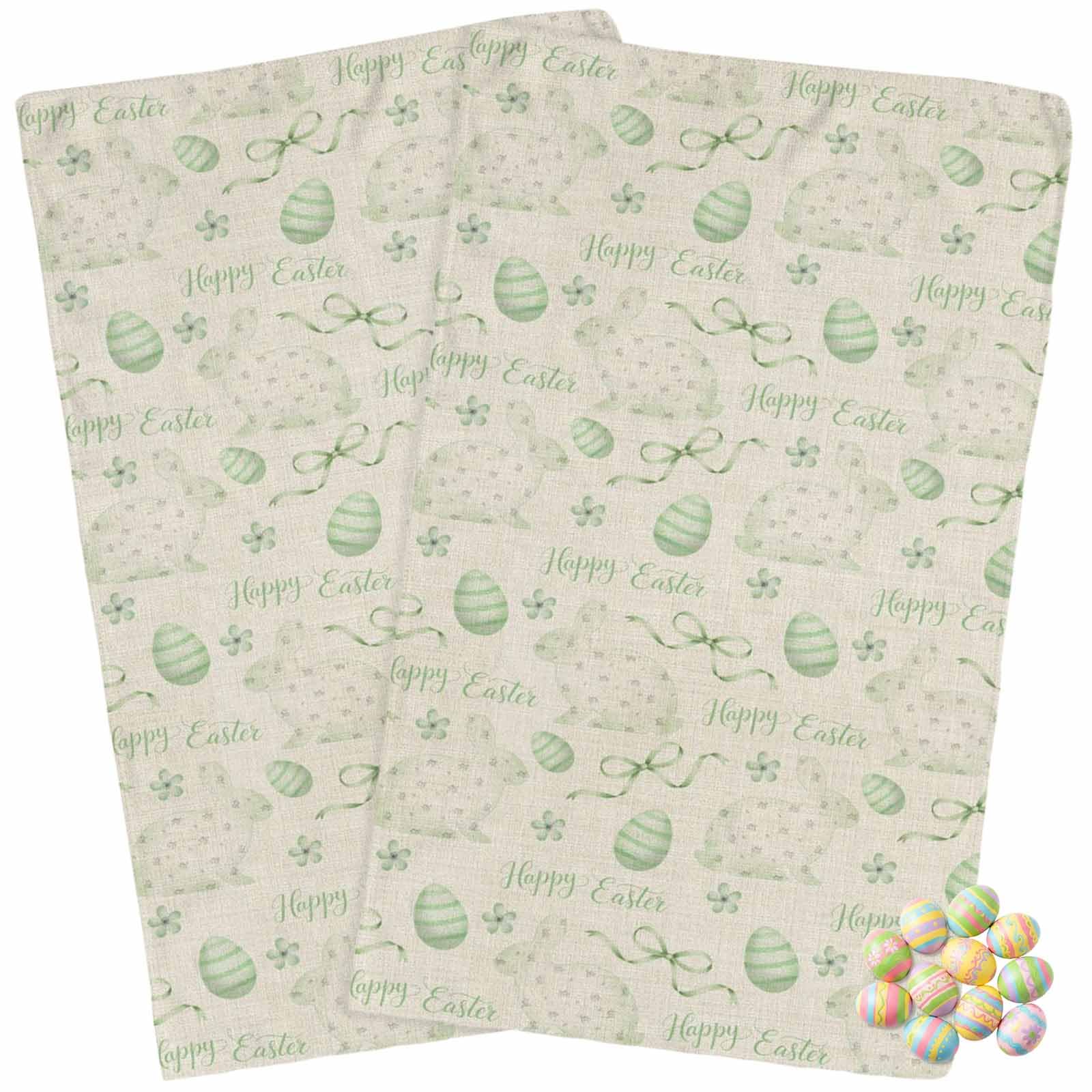 Kitchen Towels Pack of 2 Happy Easter Egg Farm Rabbit Dish Drying Towels,Soft Absorbent Microfiber Cleaning Cloths Green Bow Vintage Linen Quick Drying Hand Towels Set,18×28 inches