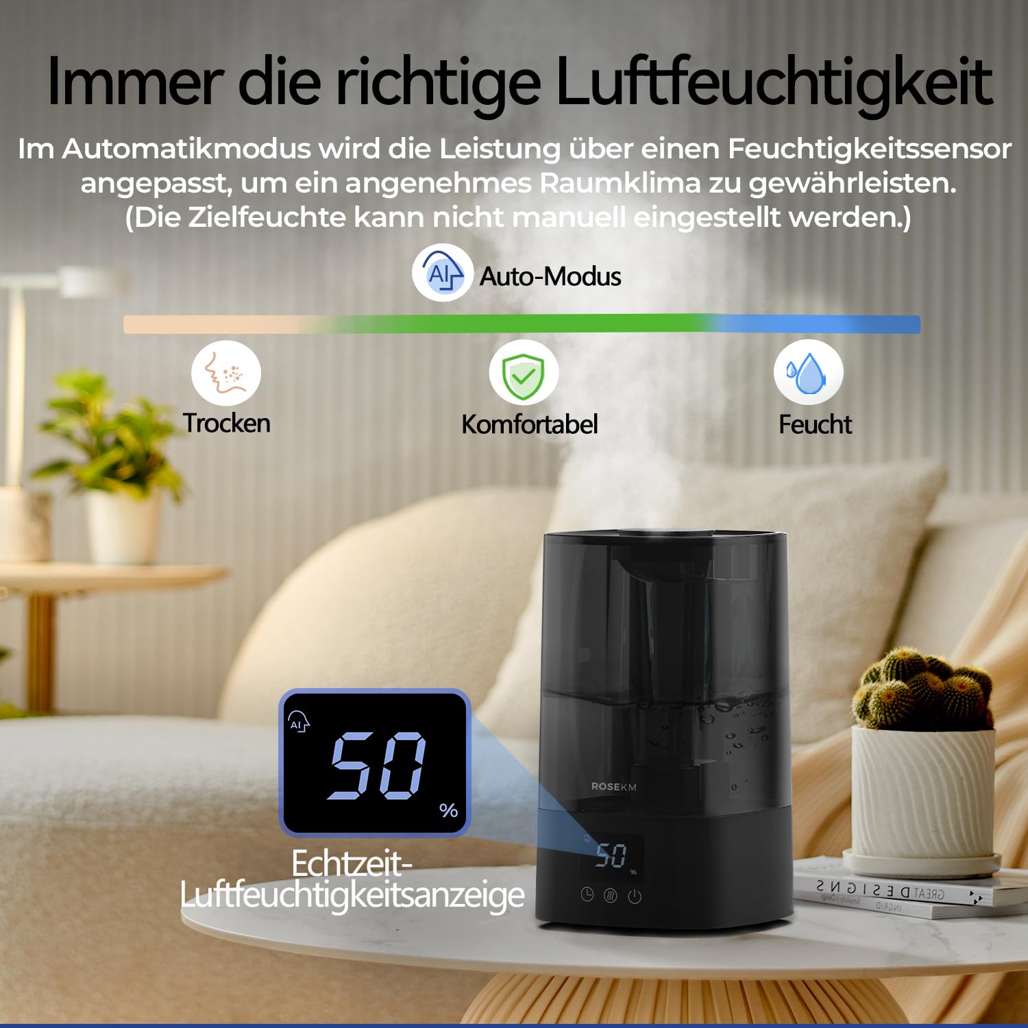 Rosekm Humidificateur Ultrasonique Silencieux 2L – Brume Froide 360° Bébé Plantes Chambre – Noir