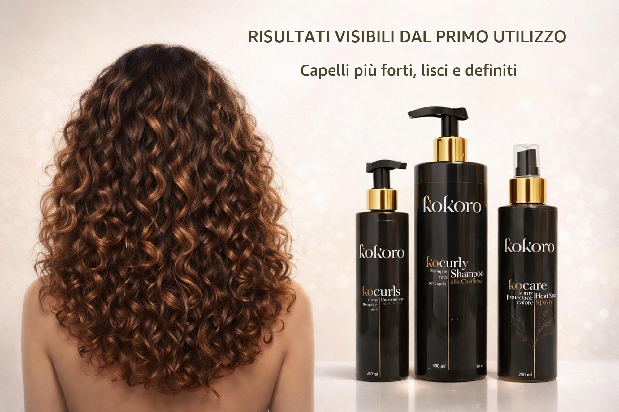 KOKORO Kit Ricci Protetti – Shampoo Anticrespo 500ml + Trattamento Cheratina 250 ml + Termoprotettore 250 ml – Routine Completa Capelli Ricci, Anti Crespo, Protezione Calore, Definizione Professionale