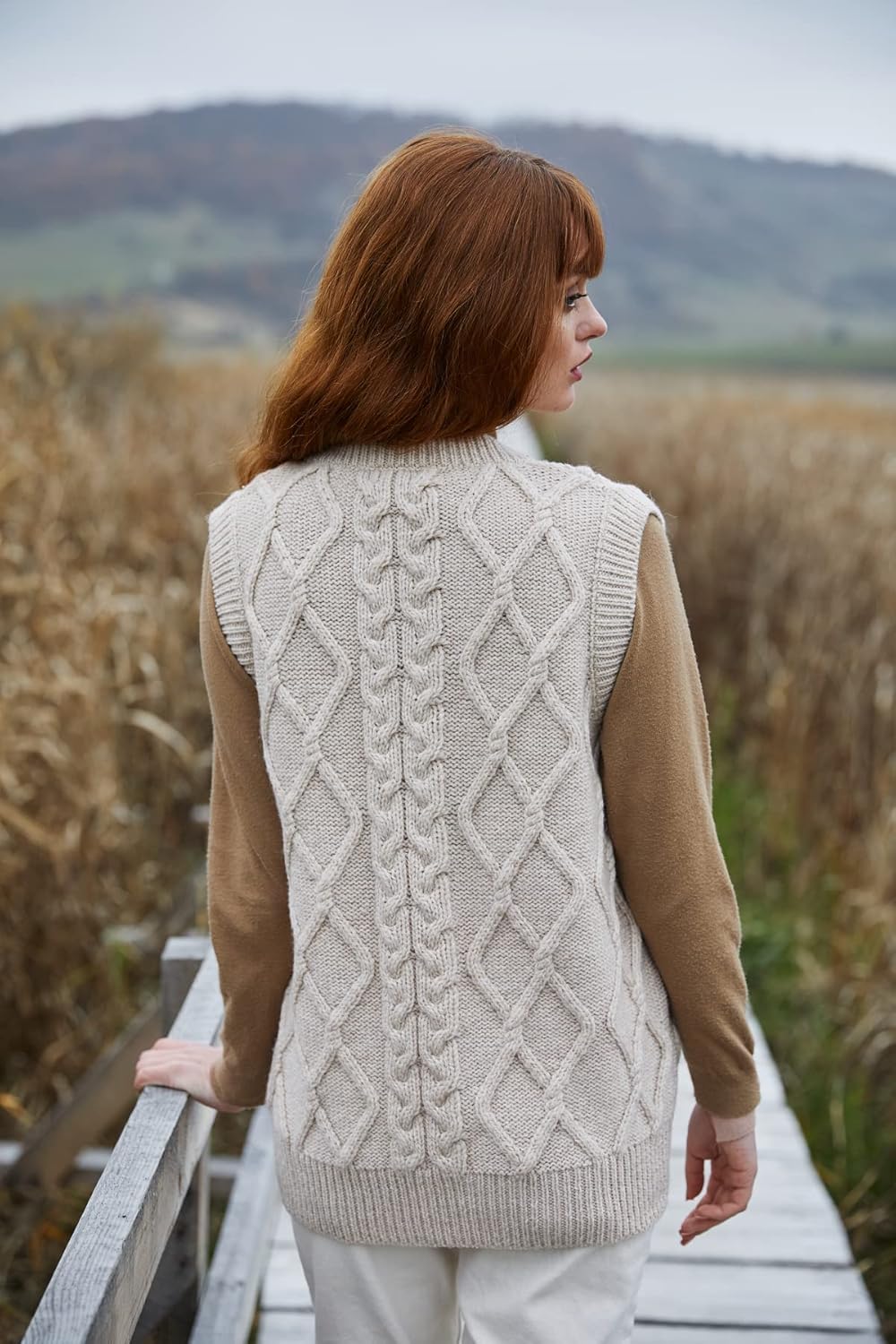 SAOL Womens V Neck Sweater Vest Oversized Cable Knitted Sleeveless Cardigan Sweater Wool Tops