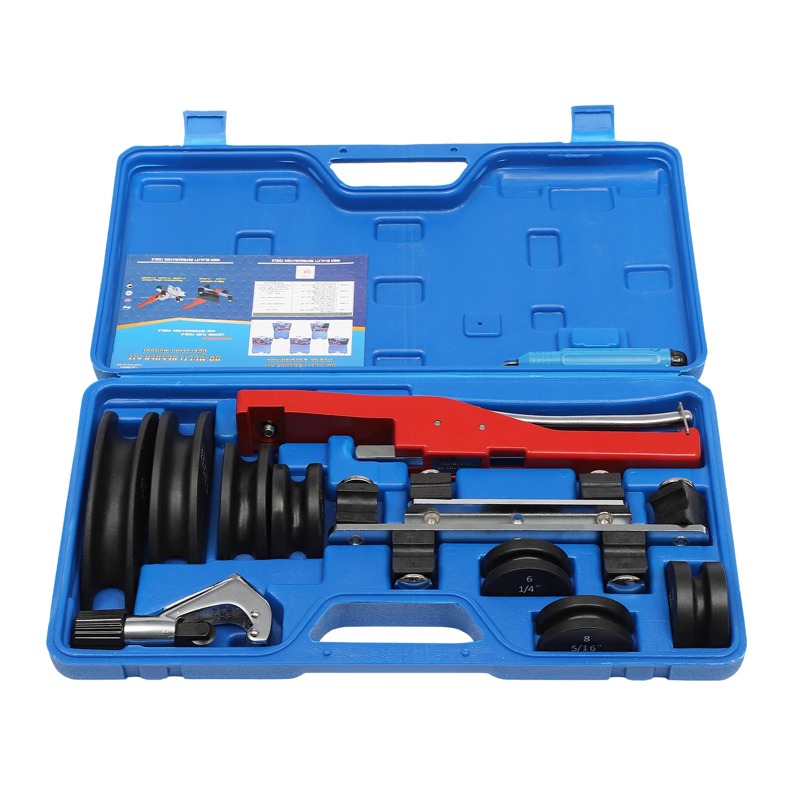 Piegatubi 6 – 22 mm, piegatubi con raggio di curvatura fino a 90° e 7 diverse teste di piegatura per tubi in rame, tubi in alluminio, tubi in acciaio inox a pareti sottili