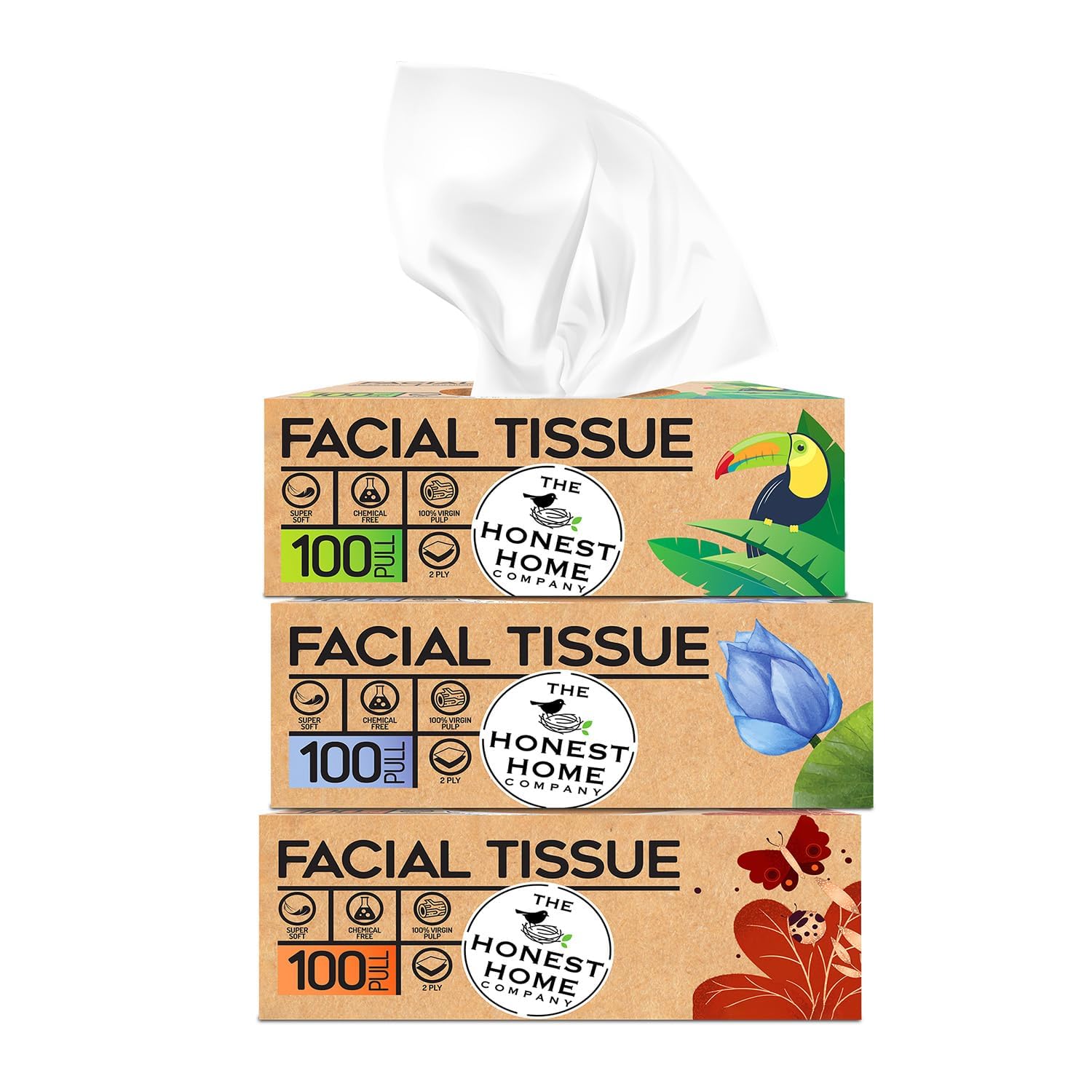 Honest Home 2 Ply Facial Tissue Paper Box | 300 Pulls | 100 Pulls x 3 boxes | Soft And Highly Absorbent | 100% Natural Virgin Fibre