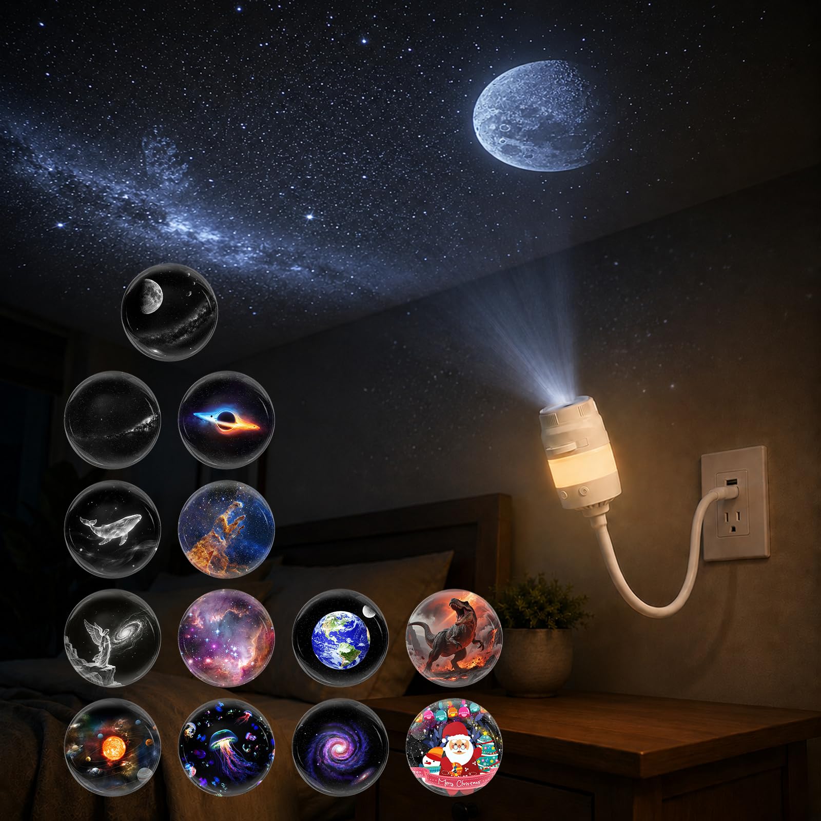 Proiettore Galassia 2-in-1 con Luce Notturna con 13 Film, Proiettore HD a Stelle Multicolore LED Orientabile a 360°, Alimentazione USB, Plug and Play, Proiettore per Soffitto di Camera da