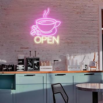 Coffee Open Neon Sign Led Open Lights Signs Business Welcome Wall Decor Neon Signs for Cafe Bar Kitchen Office Coffee Station Size 18inches