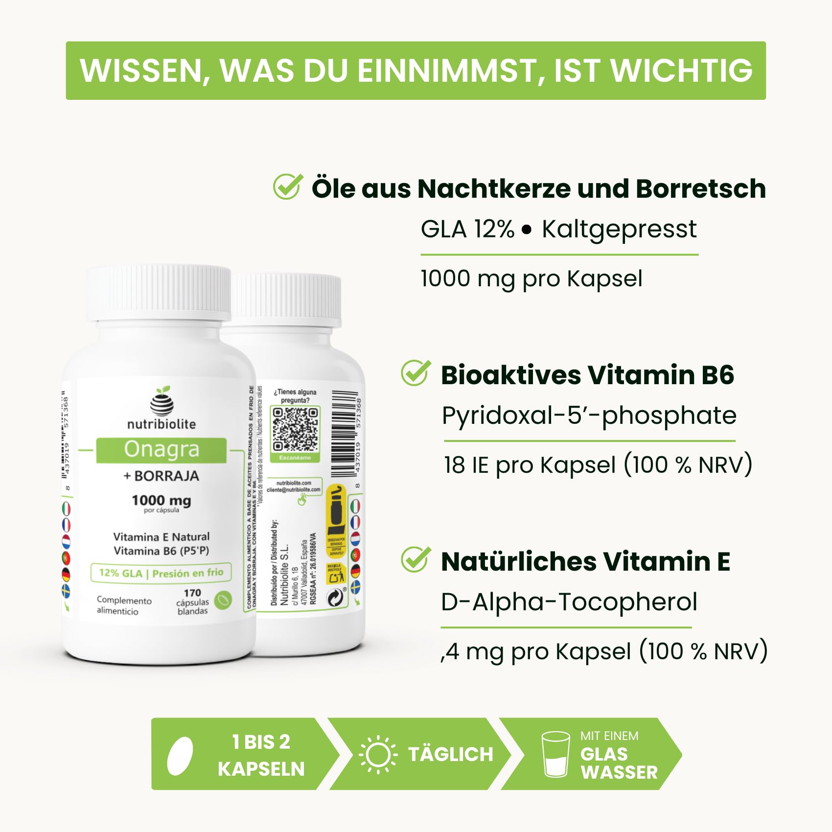 Nachtkerze + Borretsch 1000 mg - 12% GLA, Natürliches Vitamin E und B6 P5P für Hormonelles Gleichgewicht, PMS, Menopause und Hautgesundheit - 170 Perlen - kaltgepresst | Nutribiolite