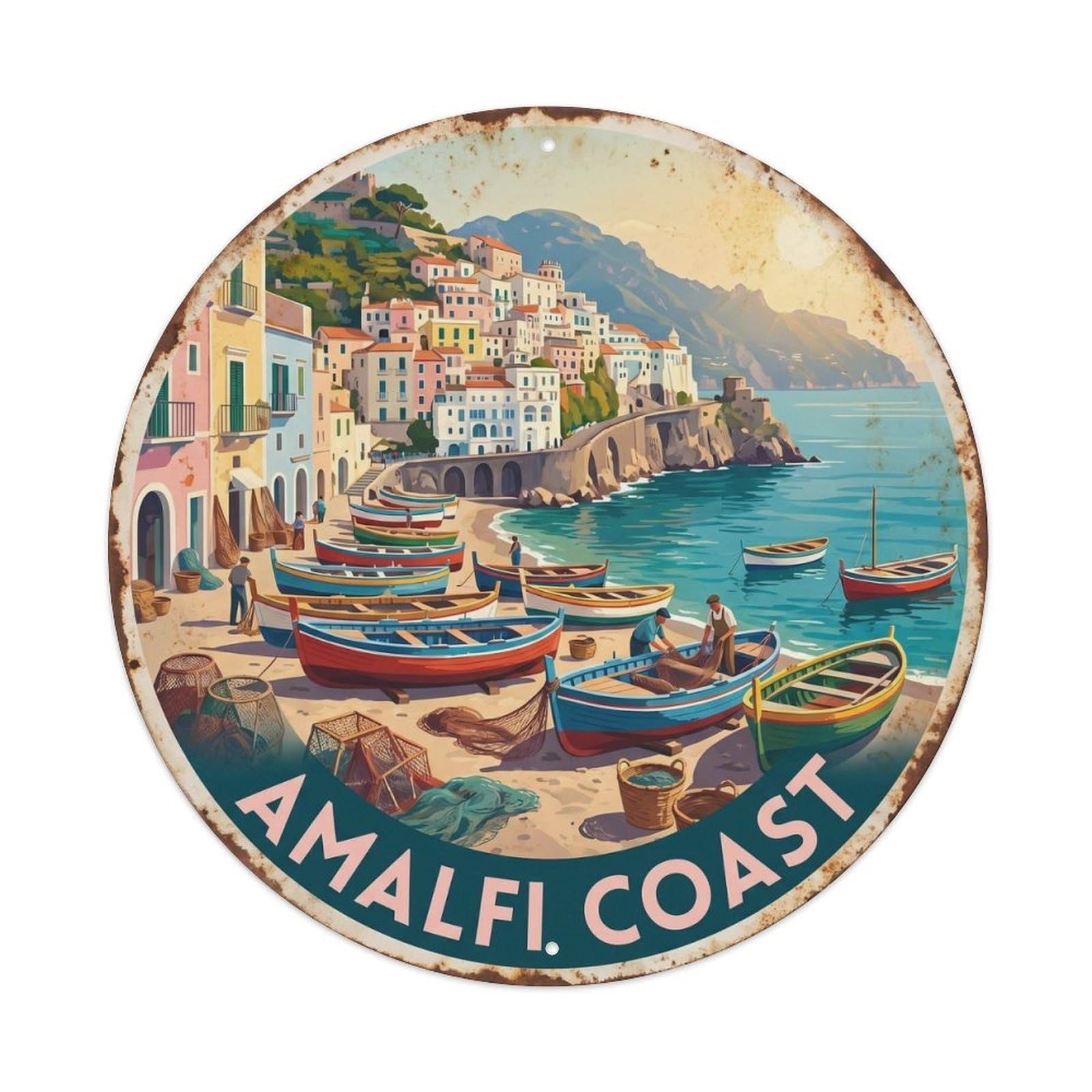 Italy Mediterranean Fishing Village Vintage Travel Heritage Metal Tin Sign Plaque Wall Decor for Cafe, Man Cave, Club Bar, Office, Home Garden Round Metal Poster 8x8Inch