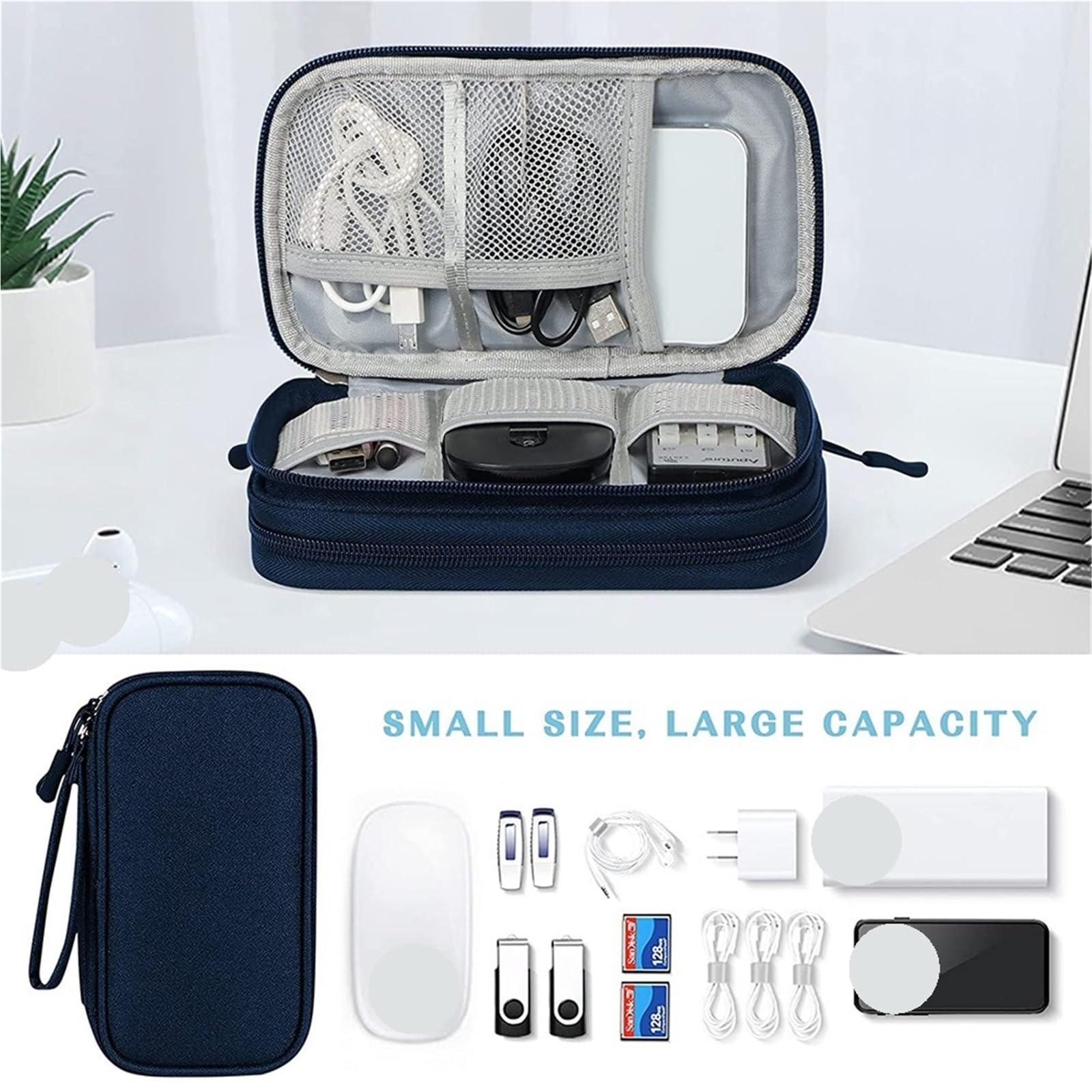 Organizer Cavi Organizzatore da viaggio da 2 pezzi Accessori elettronici Organizzatore di archiviazione portatile impermeabile a doppio strato for cavo di alimentazione del disco rigido(Deep blue)
