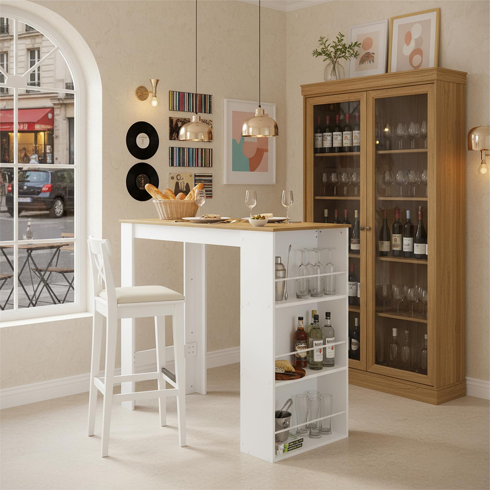 buybyroom Bartisch mit Stauraum Bartisch Küche, Stehtisch Bartheke für Bar Küche Wohnzimmer Esszimmer, 112×57×106cm, Weiß + Dunkle Eiche