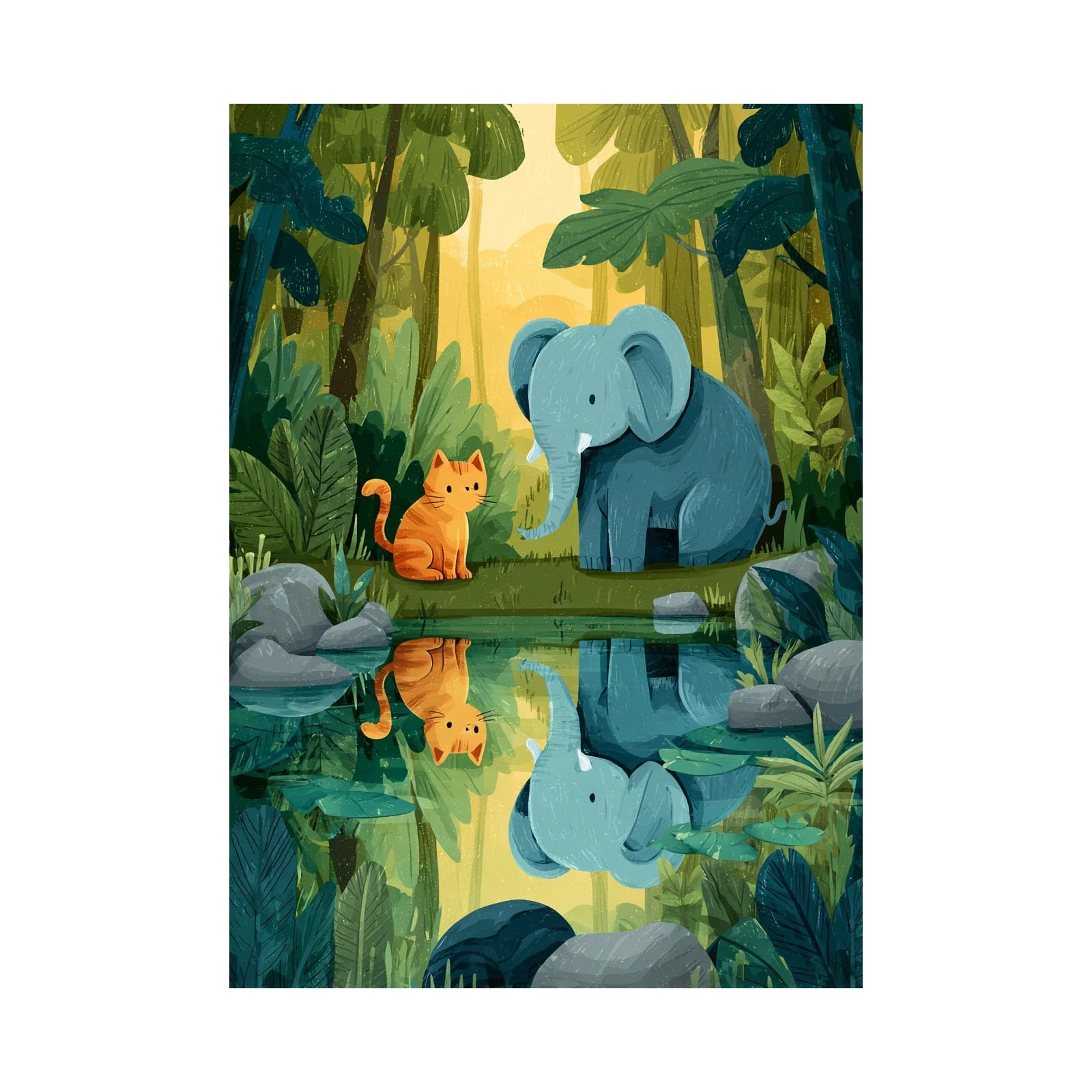TERUEA Animal Wall Art Canvas Painting Animal Blue Elephant Jungle Pond Reflection Canvas Wall Art Watercolor Prints Pictures(Green)-30x45cm Unframed