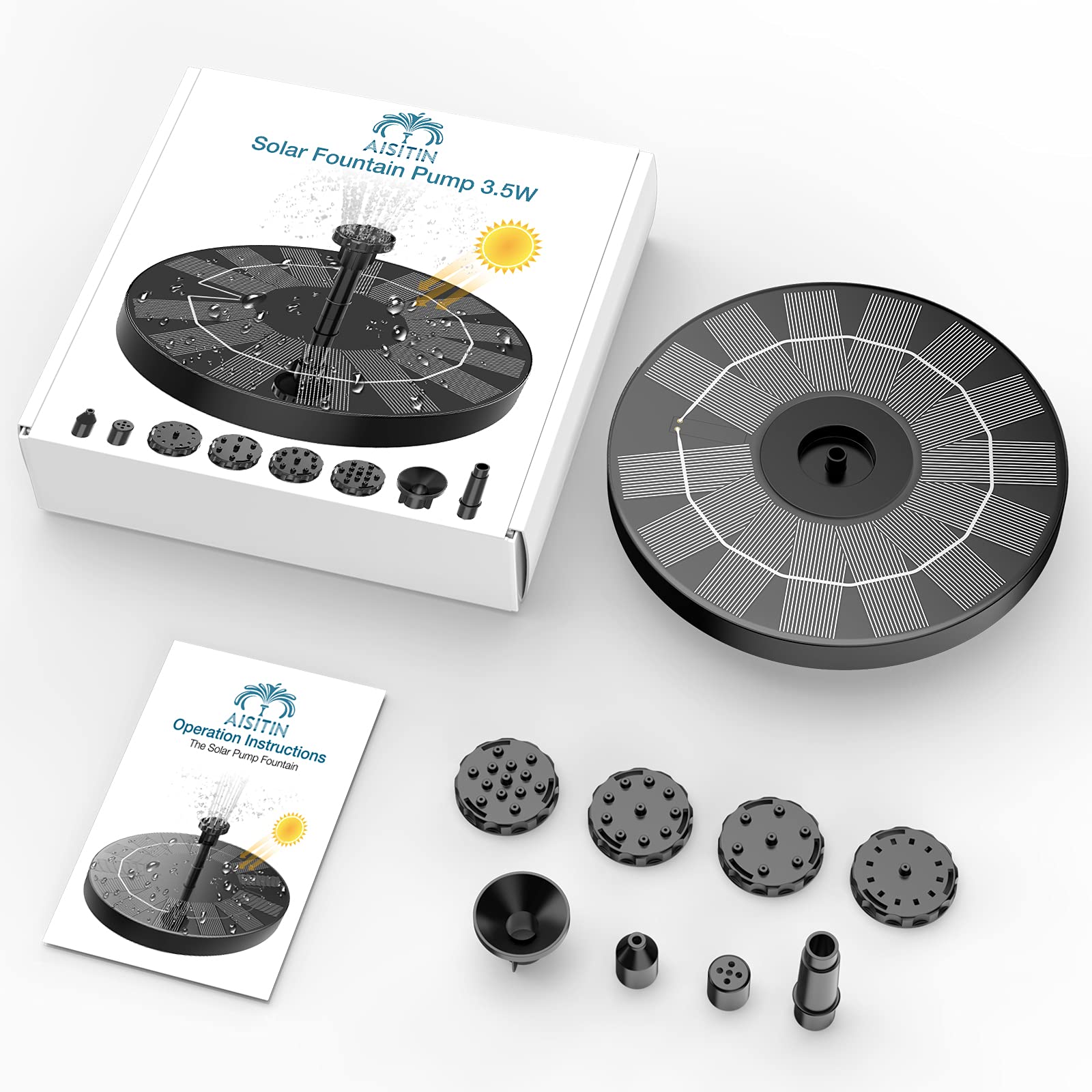 AISITIN Fuente Solar Jardin Exterior 3,5 W, Bomba de Estanque Solar con 6 Boquillas para Baño de Pájaros, Acuario y Jardín Estanque(1PC)