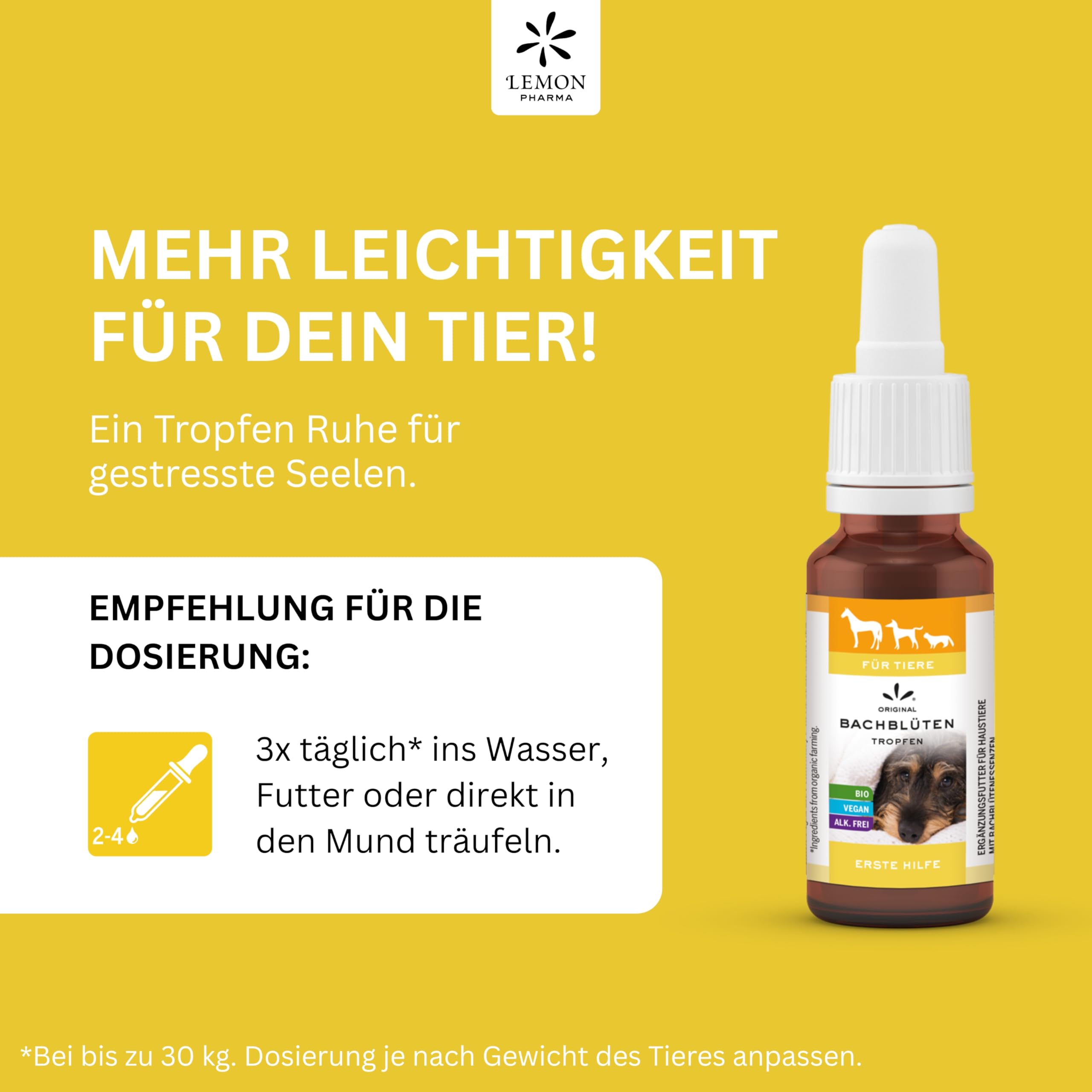 Lemon Pharma Bachblüten Tropfen Erste Hilfe für Tiere – Beruhigung, Anti Stress für Haustiere, für Katzen und Hunde, Bio & Vegan
