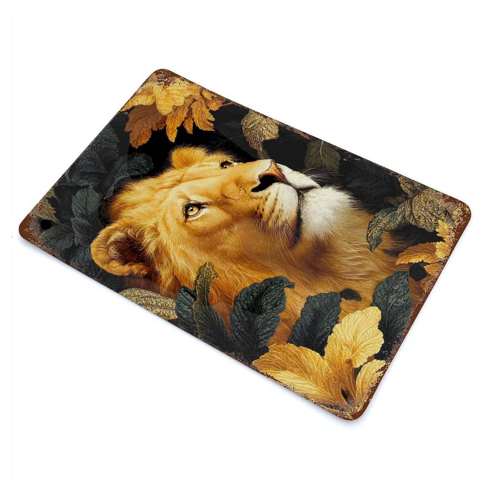 Decorative Tin Sign with Lion Portrait Surrounded by Foliage Design 11.8"x7.9", for Basement, Hobby Room And Garage Decor, Rustic Home Decor