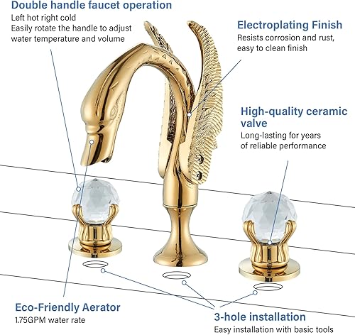 Miniatura 6 de Facuet de baño generalizado Cisne de oro grifo de lavabo de baño 3 agujeros 2 manija cristal baño vanidad grifos grifo moderno lavabo de arco alto
