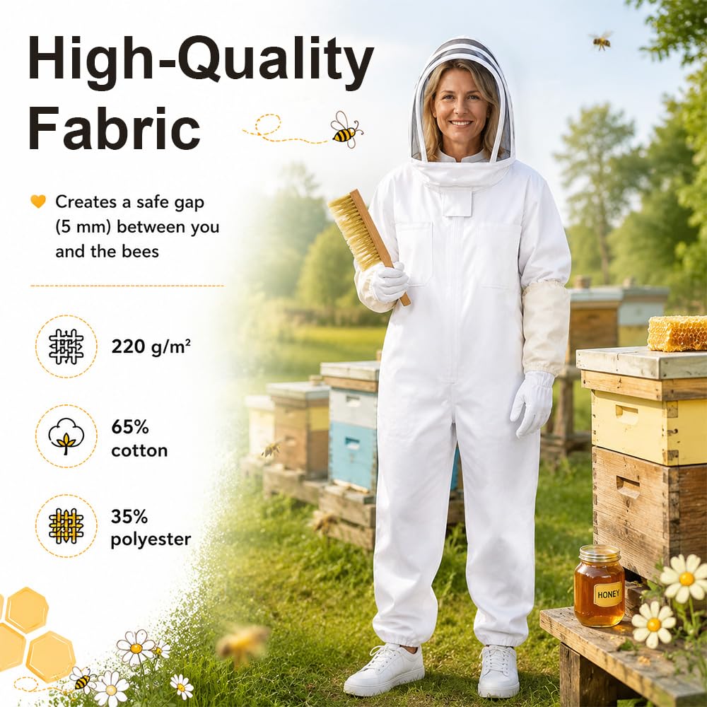 Imkeranzug mit Imkerhandschuhe, XL/XXL Professioneller Vollschutz Imker kostüm, Abnehmbarer Kapuze Atmungsaktiver Imker Schutzanzug Unisex Männer Frauen Garten Hinterhof Ranch, Weiß