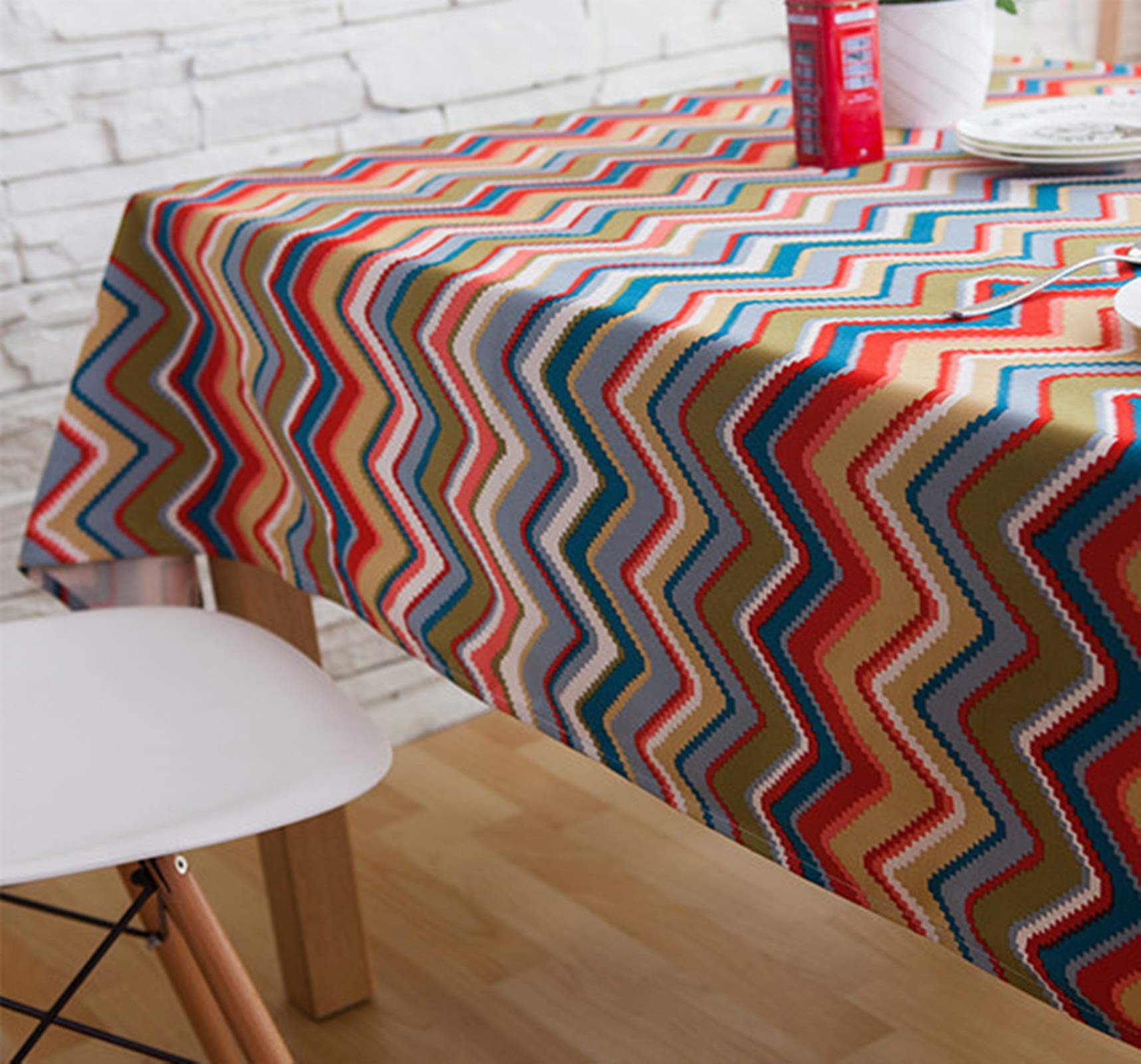 Manteles Mesa Rectangulares 180x180CM,Blanco Azul Rojo Mantel Algodon Mesa Rectangular Patrón de Ondas y Rayas