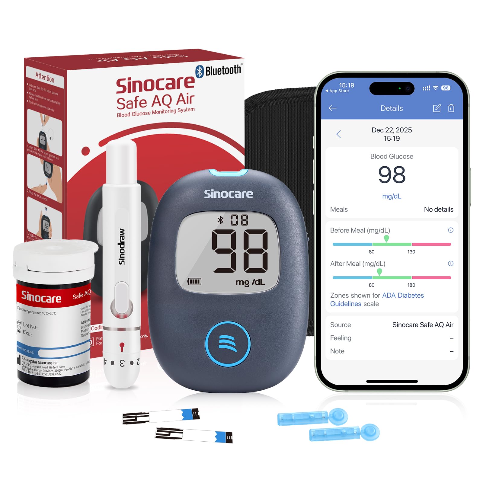 Sinocare Safe AQ Air Misuratore Glicemia Bluetooth, Glucometro con 25 strisce reattive e 25 lancette, Misuratore di Glicemia Bluetooth con App, 0,6 µL di sangue e risultati in 5 secondi