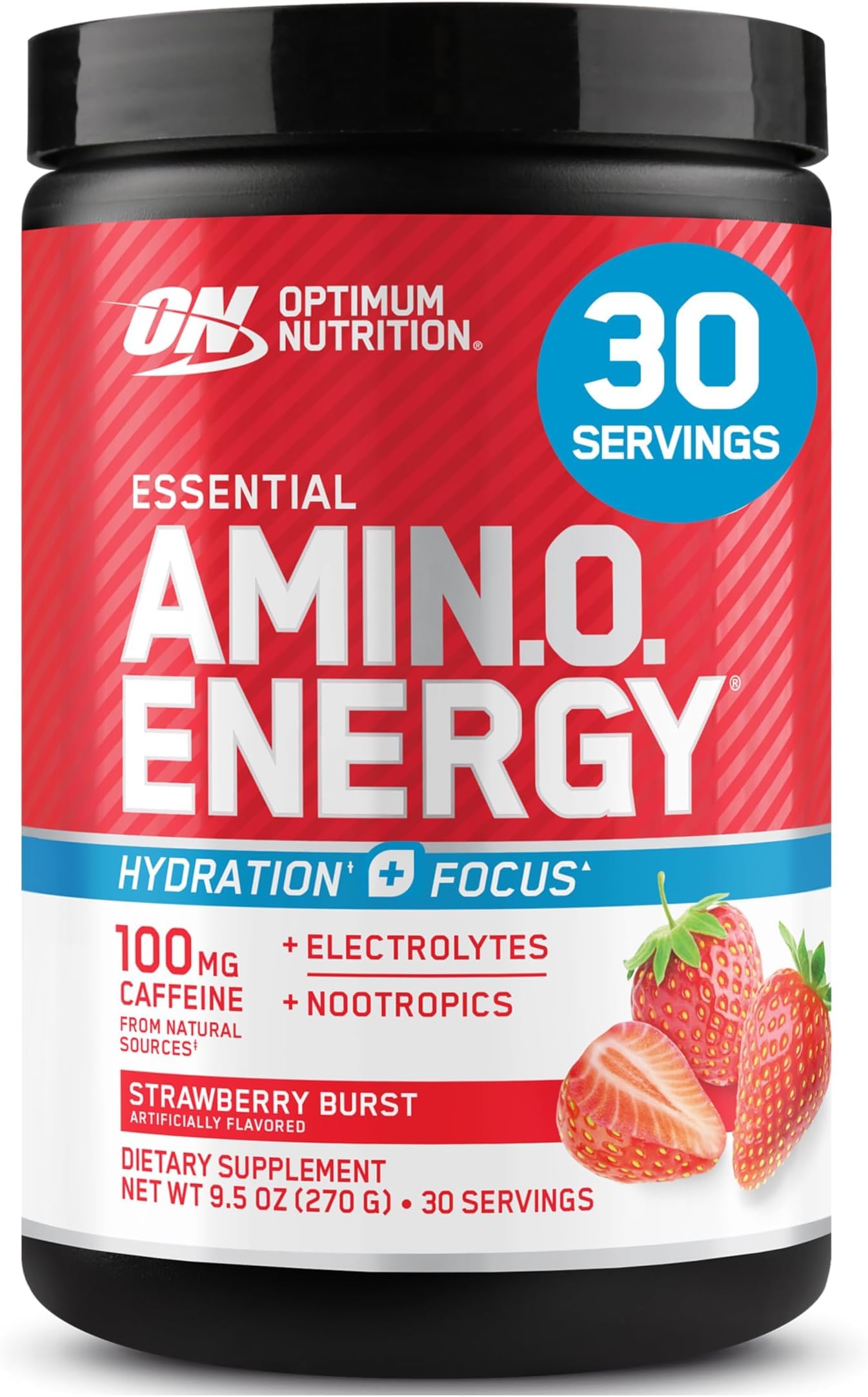 Optimum Nutrition Amino Energy Powder Plus Focus, with BCAA, Electrolytes, and Caffeine, Juicy Strawberry, 30 Servings (Packaging May Vary) (Pack of 6)