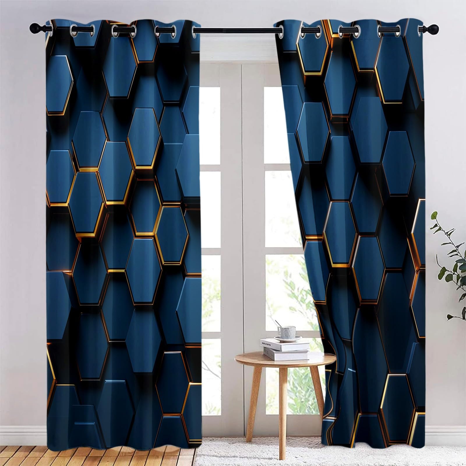 Dziecięca geometryczna zasłona zaciemniająca sześciokąt o strukturze plastra miodu 117 x 229 cm Zestaw 2 zasłon z nadrukiem do salonu, kuchni, dekoracji wnętrz, zasłon i zasłon z oczkami, granatowa