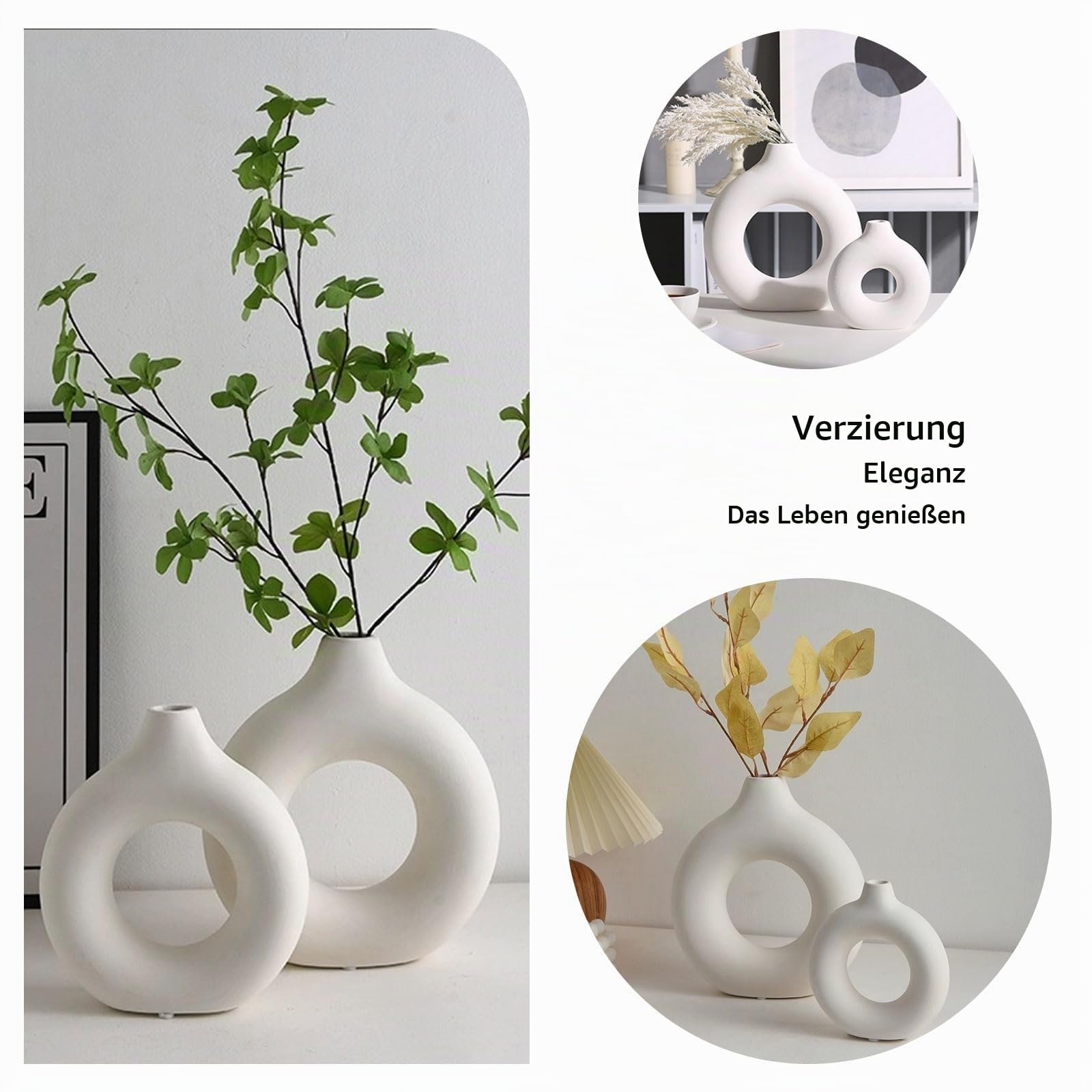 Set aus 3 Vasen Set - Vase Keramik Vasen Deko ohne Blumen, Blumenvase Weiß Deko Aesthetic für Deko Wohnzimmer, Zimmer Deko, Büro Deko und Deko Schlafzimmer