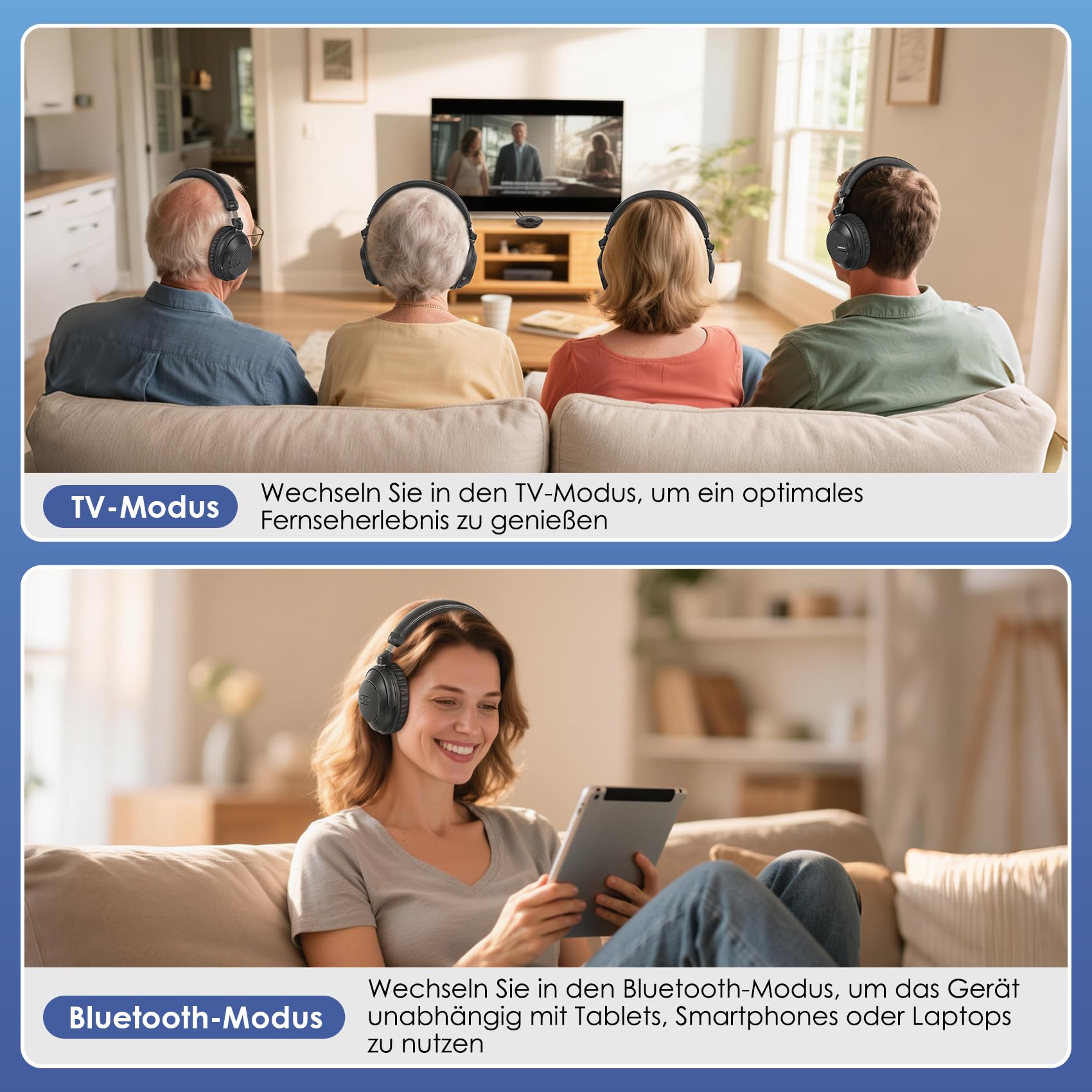 SIMOLIO Bluetooth TV Funkkopfhörer mit klarem & lautem Klang – Kabellose Kopfhörer & Sender für Gruppenhörer für Partys, Silent Discos, Kirchen, geringer Latenz TV – mehrere wiederaufladbare Headsets | 4 Kopfhörer mit Sender, geringe Latenz, leises Disco-