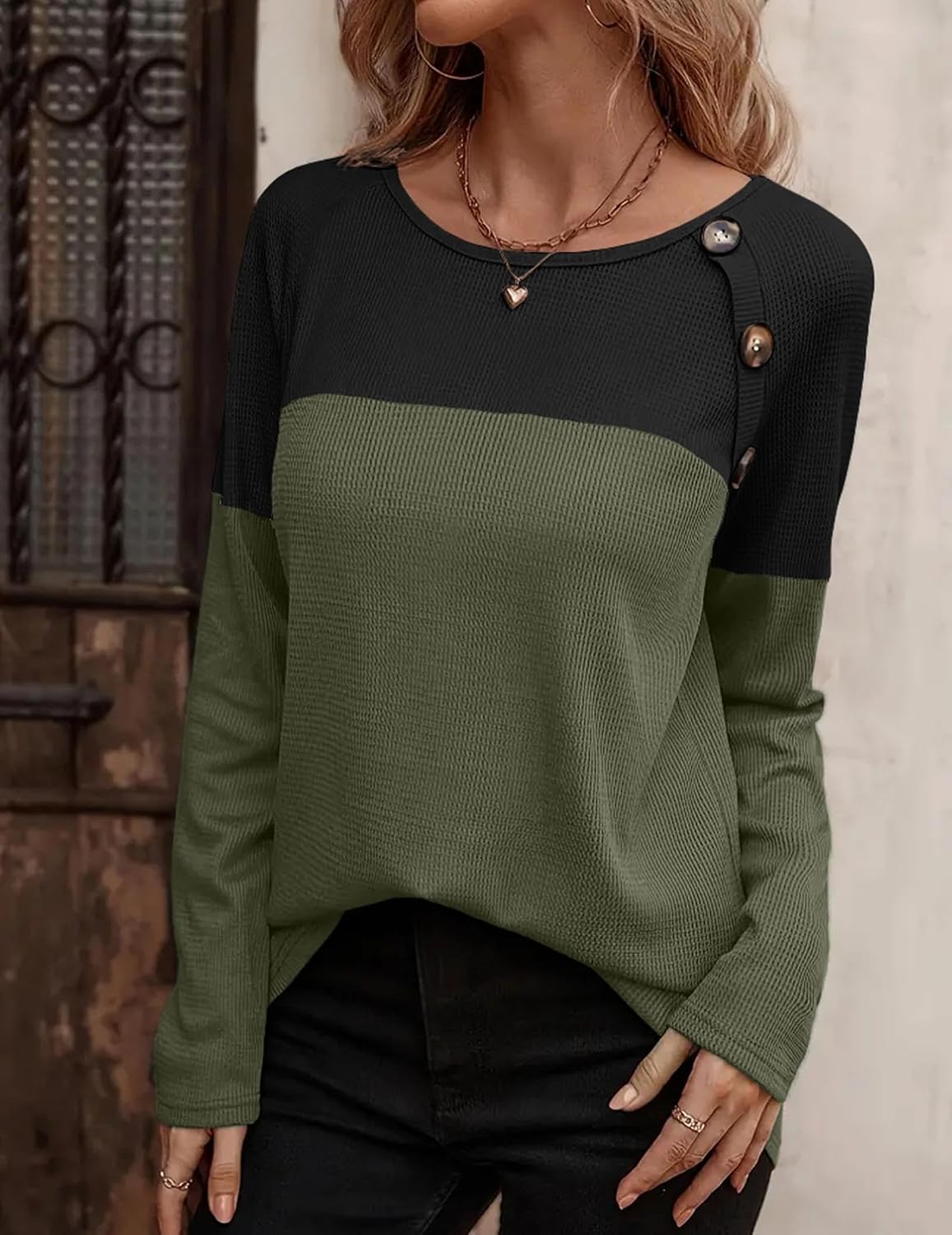 Zeagoo Women Waffle Knit Shirts Long Sleeve Colorblock Tee Button Detail Tunics image 2