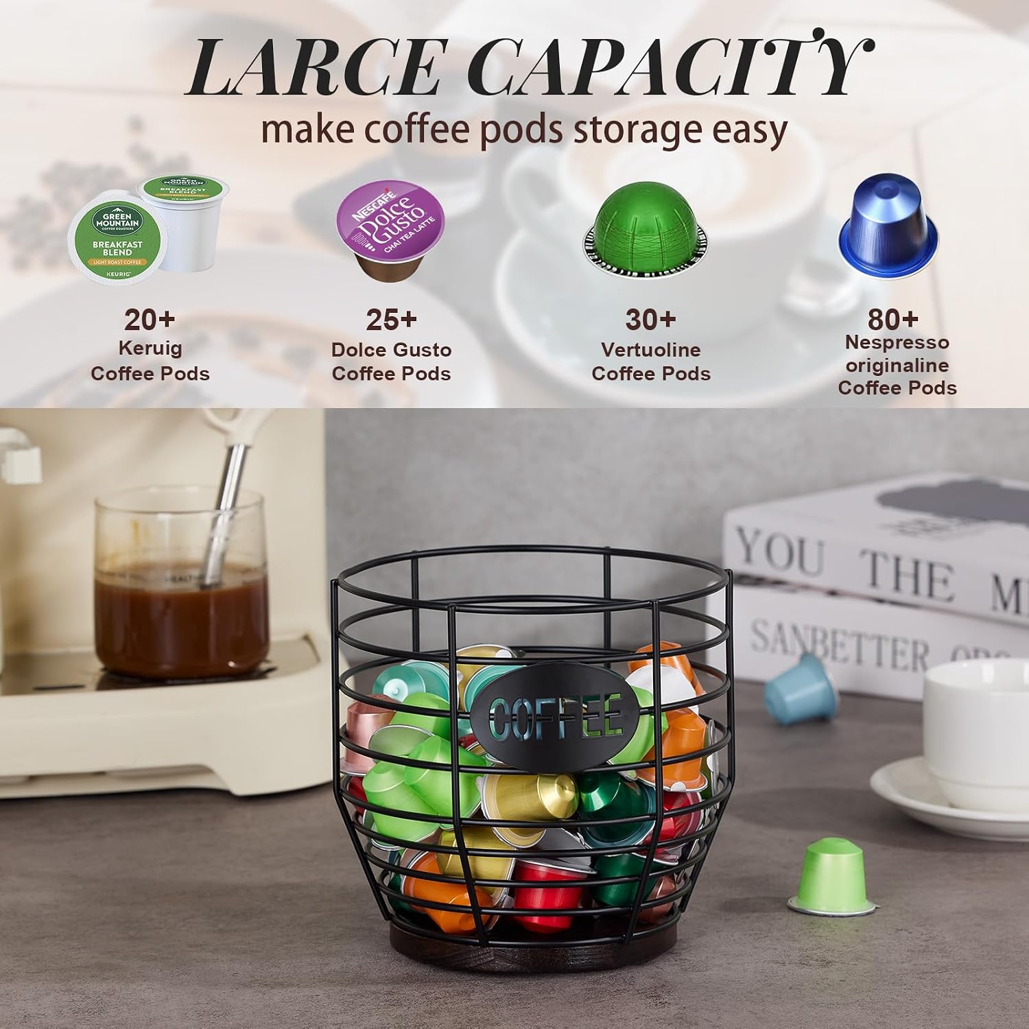 Yangbaga 1pcs Coffee Pod Holder - Large Capacity Black Wire K-Cup Holder With Wooden Base, Modern Basket Bar Decor for Station,Coffee Pods & Capsules, Fruit Snack Storage