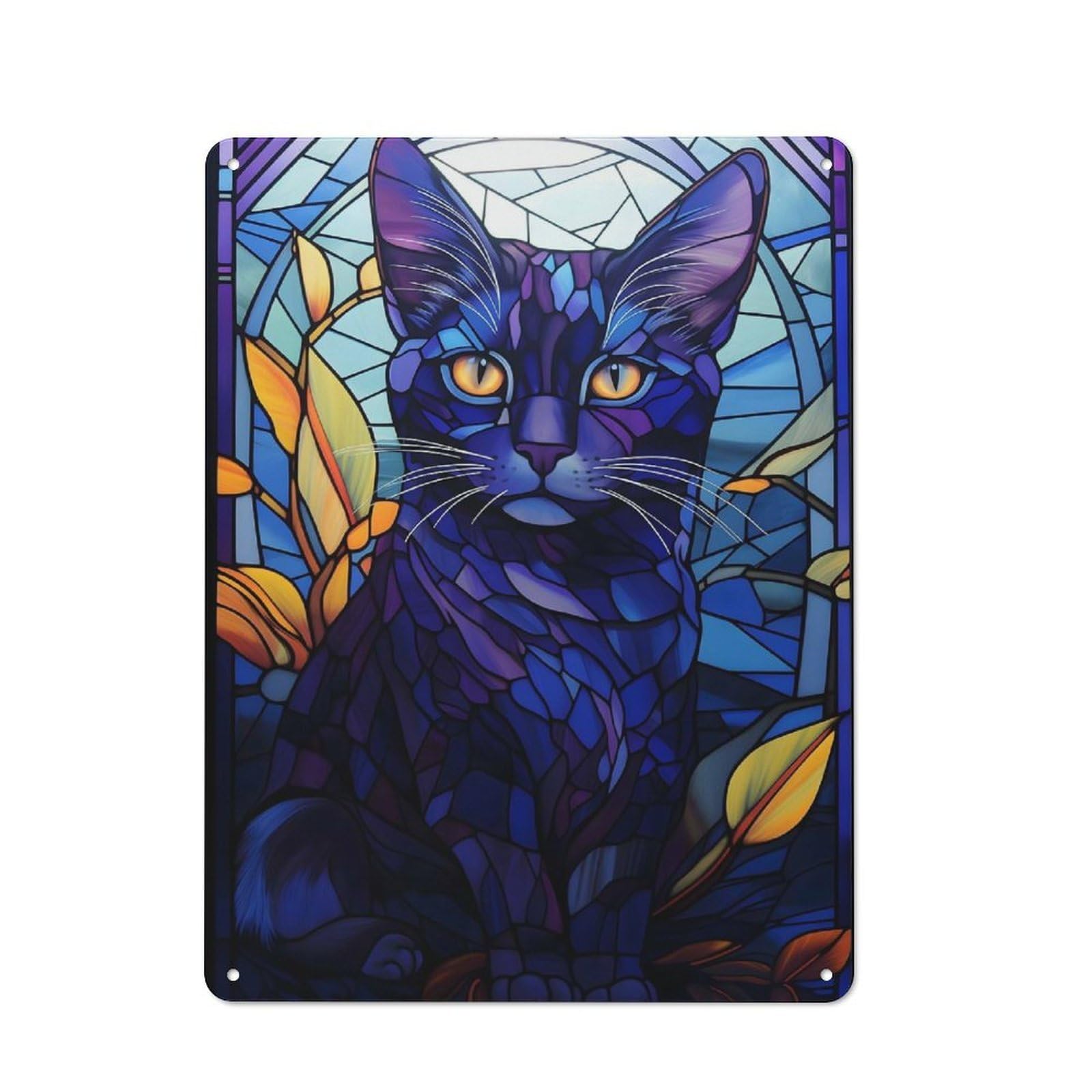 Junmoney Blue Cat Stained Glass Rustic Metal Wall Sign 40X30cm For Café Or Restaurant, Gift Idea At Christmas For Café Owners And Decorators