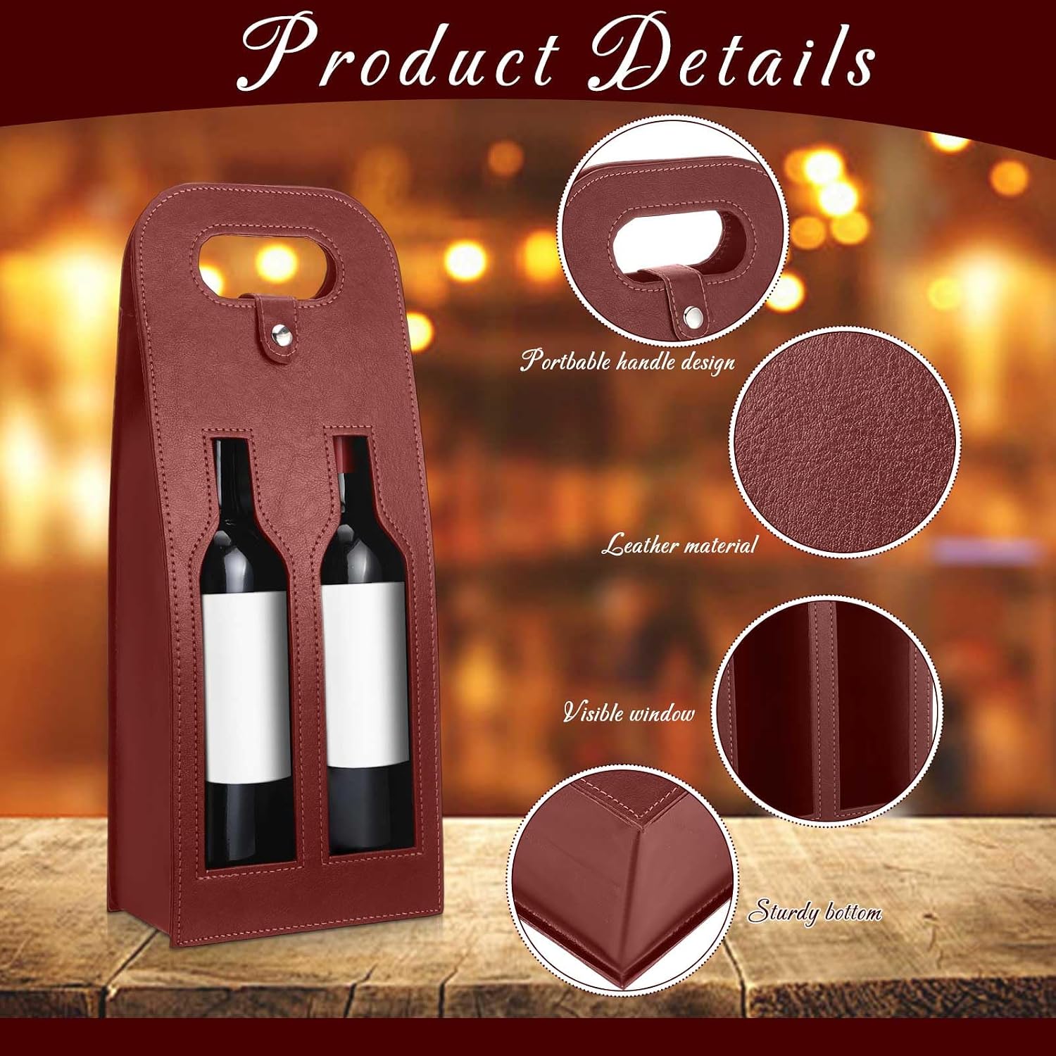 FillTouch 6 Pcs Double Wine Bag with Window Reusable Leather Wine Tote Carrier 2 Bottle Portable Wine Gift Bags Champagne Beer Bags for Christmas Thanksgiving Party Father's Day Birthday(Brown)