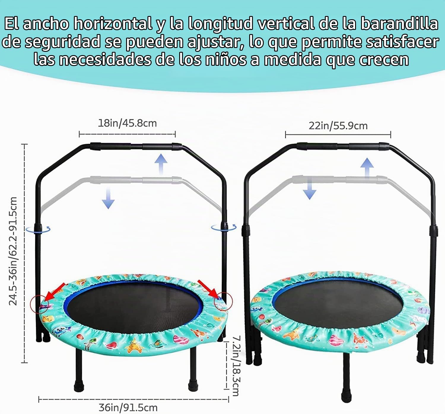 Mini trampolín Ø 92 cm Cama elástica Infantil con Mango Ajustable, trampolín para niños Plegable para Interior o Exterior, Capacidad de Carga 60 kg