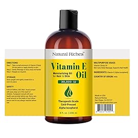 Natural Riches Vitamin E Oil | 100% Pure and Natural Cold Pressed Vitamin E oil for Skin, Scars, Face, Nails, Hair, Scalp 30,000 IU Non-GMO Verified Hair & Body Oil :8 Fl Oz