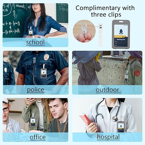 Miniatura 2 de BOKOVNGEE Soporte para tarjeta de identificación con clip de plástico, ventanas transparentes doble cara, soporte vertical de plástico rígido gris