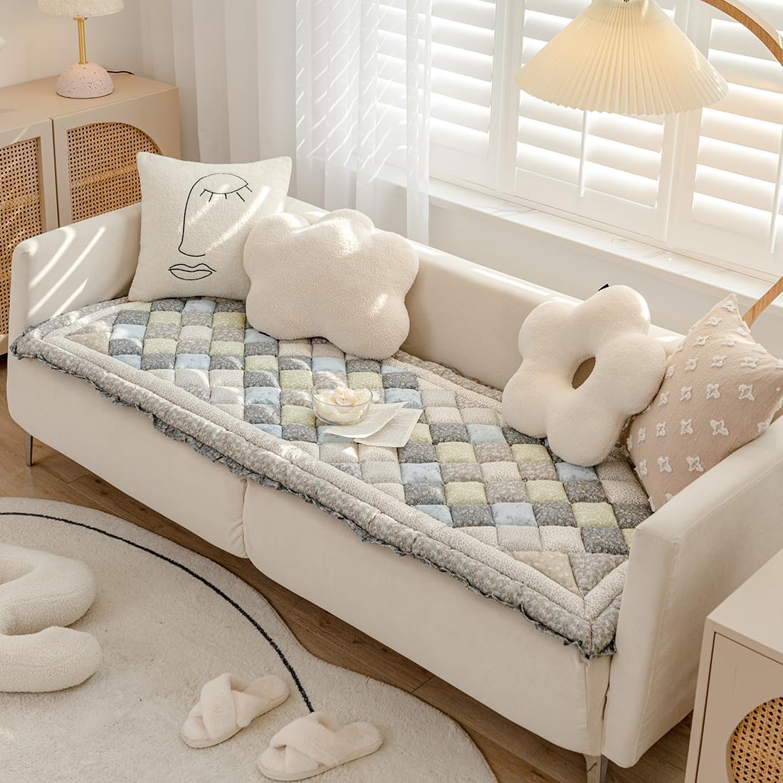 vctops Cotton Quilted Thick Dog Couch Cover for Sofa Boho Handmade Patchwork Sofa Cover Floral Print Floor Mat Area Rugs Non Slip Soft Sofa Slipcover (Grey,24"x70")