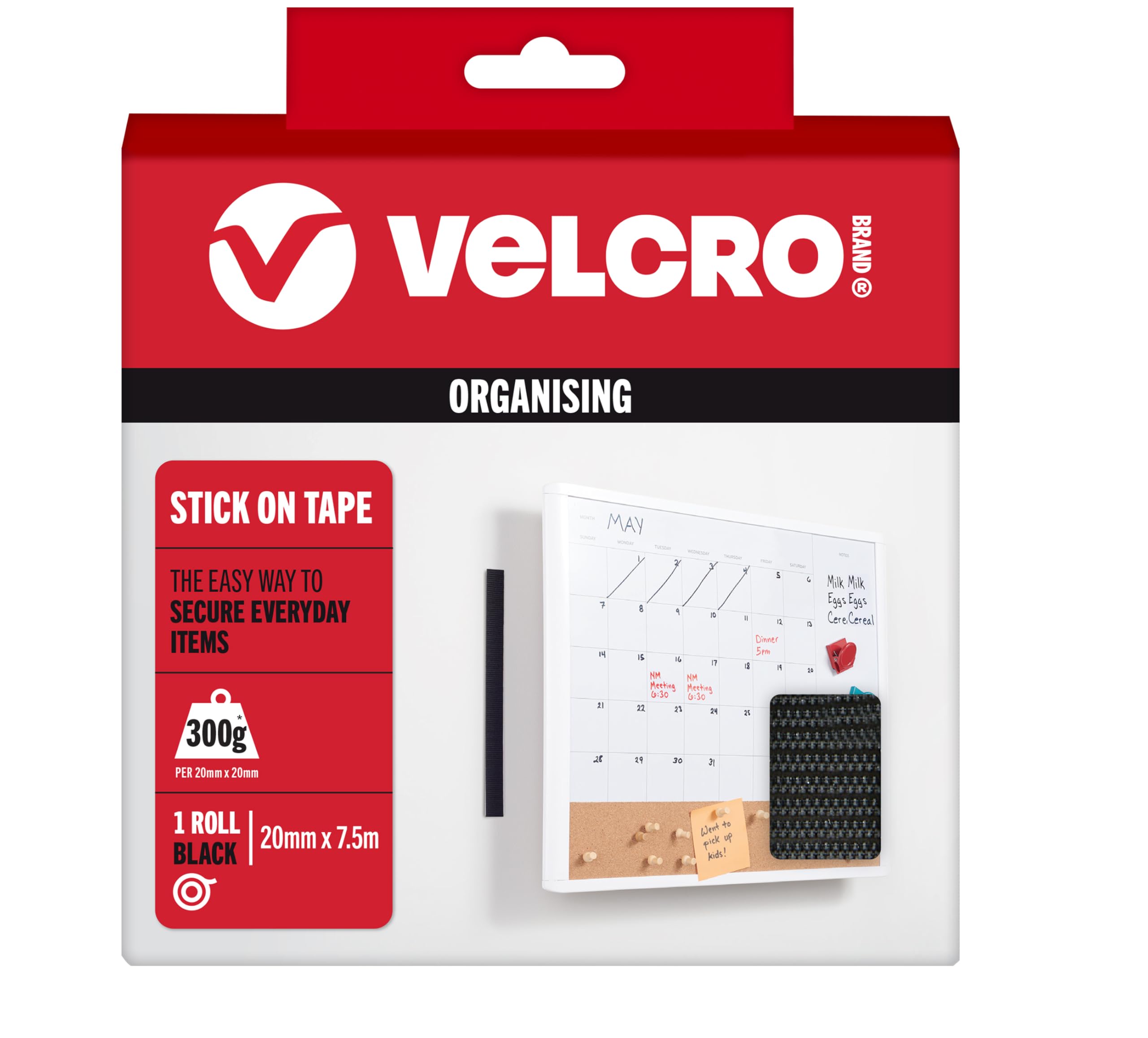VELCRO Brand | Stick On Tape | Cut-to-Length Strong Hook & Loop Self Adhesive Sticky Tape Perfect for Room Décor & Home, Office, Garage Use | Black | 20mm x 7.5m