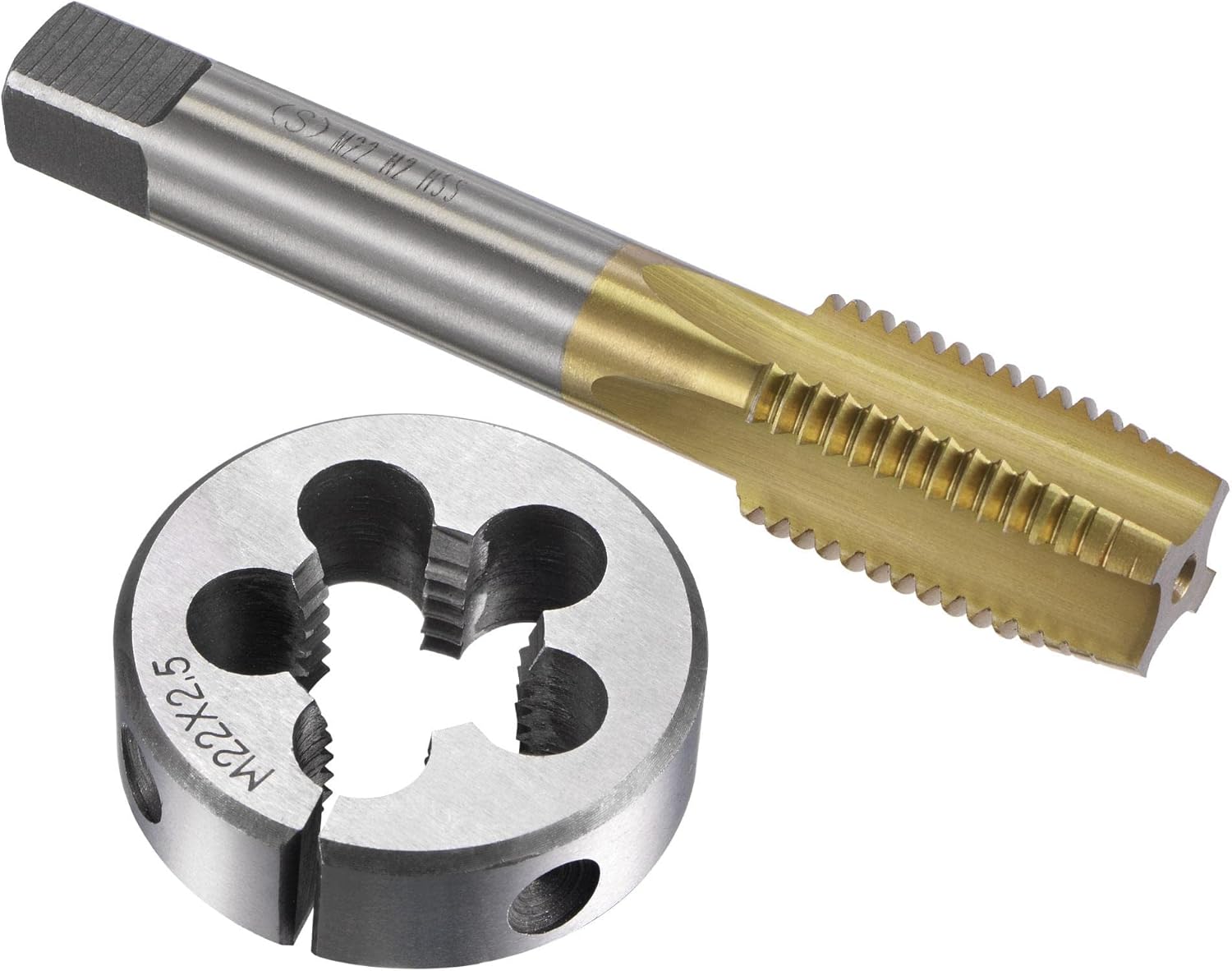 uxcell Tap and Die Set Metric M16 x 2, HSS (High Speed Steel) Titanium Plated Machine Straight Flute Thread Screw Tap, Alloy Steel Round Threading Die