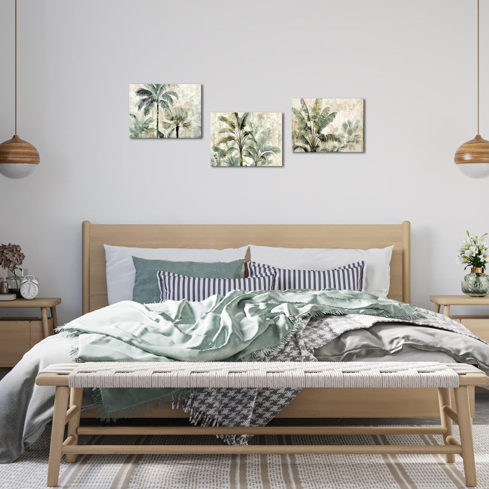 KLVOS Kunstdruck auf Leinwand, Motiv: tropischer Baum, Motiv: grüne Kokospalme, Motiv: Küste, abstraktes Blatt-Kunstwerk, Leinwanddruck für Waschraum, Schlafzimmer, Dekor