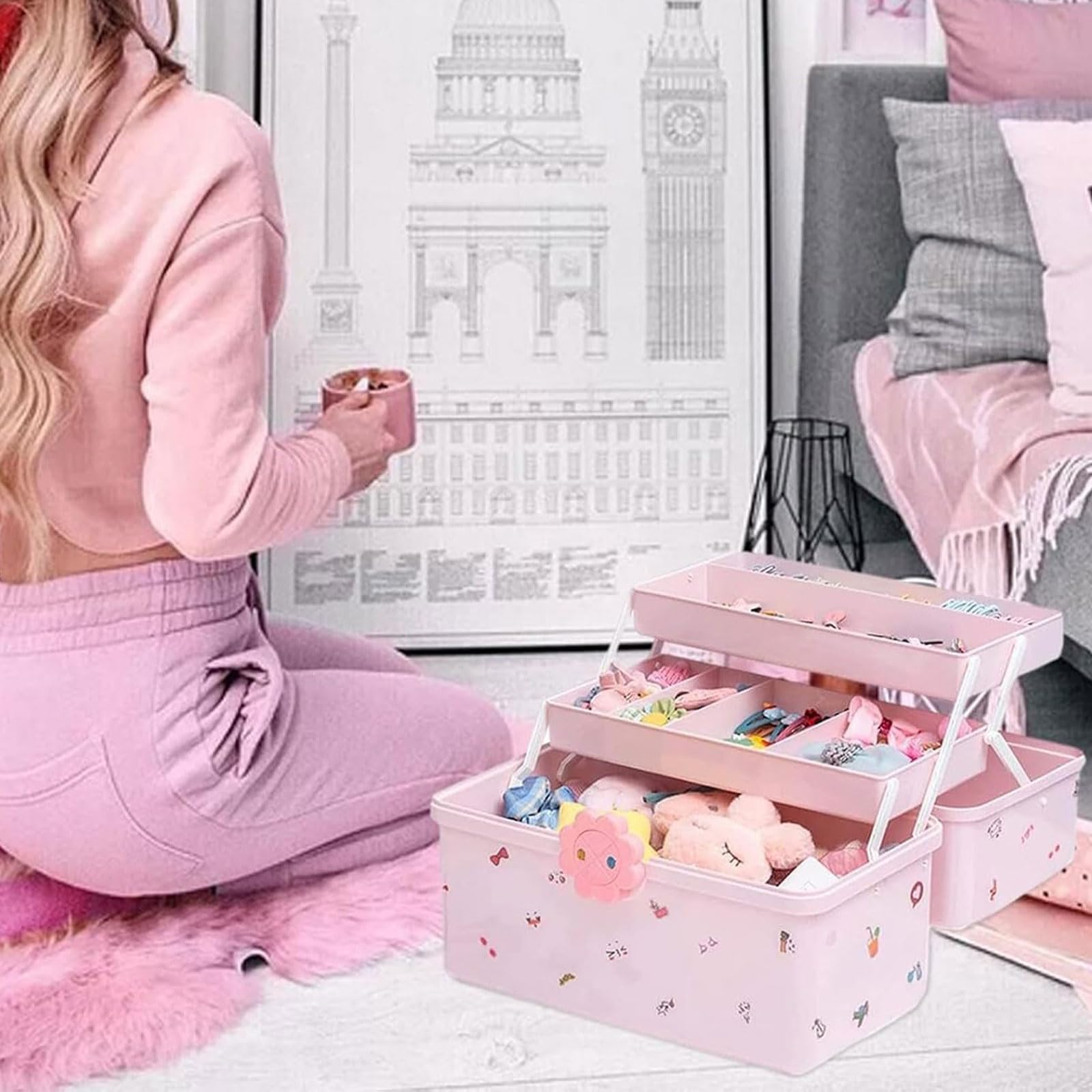 Organizer per fermagli per capelli e elastici per ragazze, a più livelli, contenitore per gioielli per bambini con serratura, accessorio per la casa per l'organizzazione, scatola per elastici
