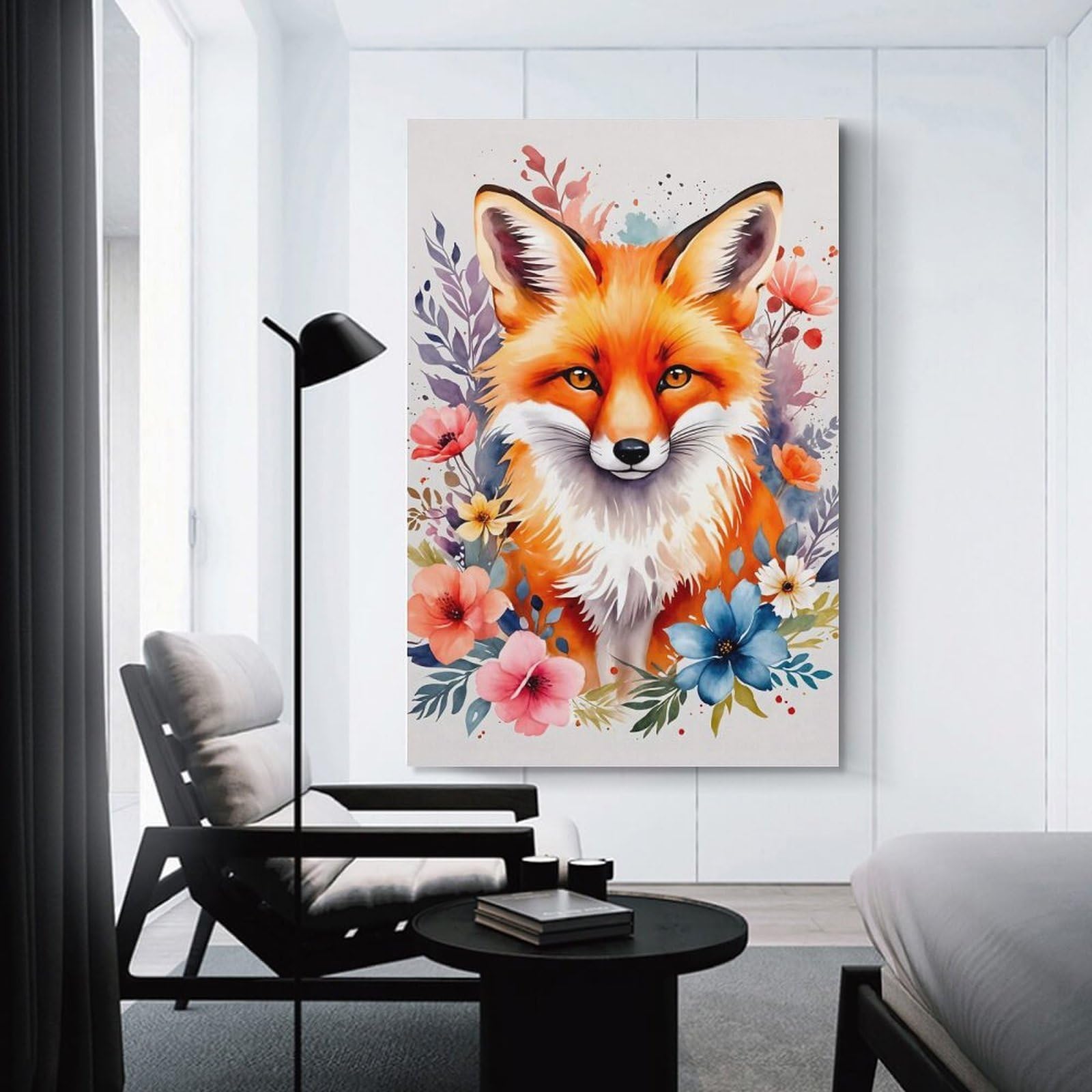 Junmoney Unframe-Style-6 Canvas Wall Art Fox Flowers Watercolor, 24X36inch(60X90cm), For Lounge, Study, Hallway Or Flat Walls, Canvas Wall Art That Fits Changing Layouts