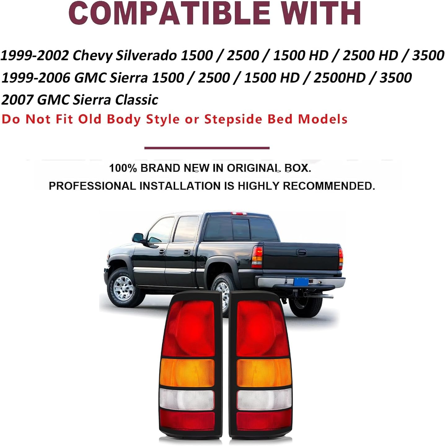 Tail Lights Fit 1999-2002 Chevy Silverado 1999-2006 GMC Sierra 1500 2500 3500 1500 HD 2500HD Rear Brake Back Up Cover Taillights Red Clear Lens Assembly Left Driver Right Paeenger Side (Black Border)