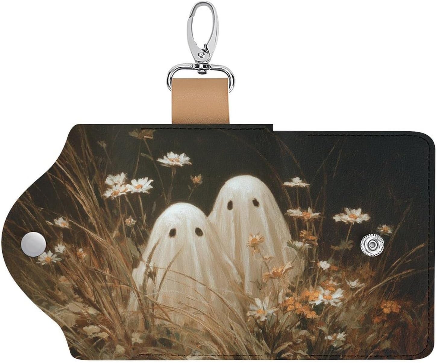 Two Cute Ghosts Wildflowers And Tall Grass Key Holder Bag PU Leather ID Card Holder Keychains Case Cover for Men Women