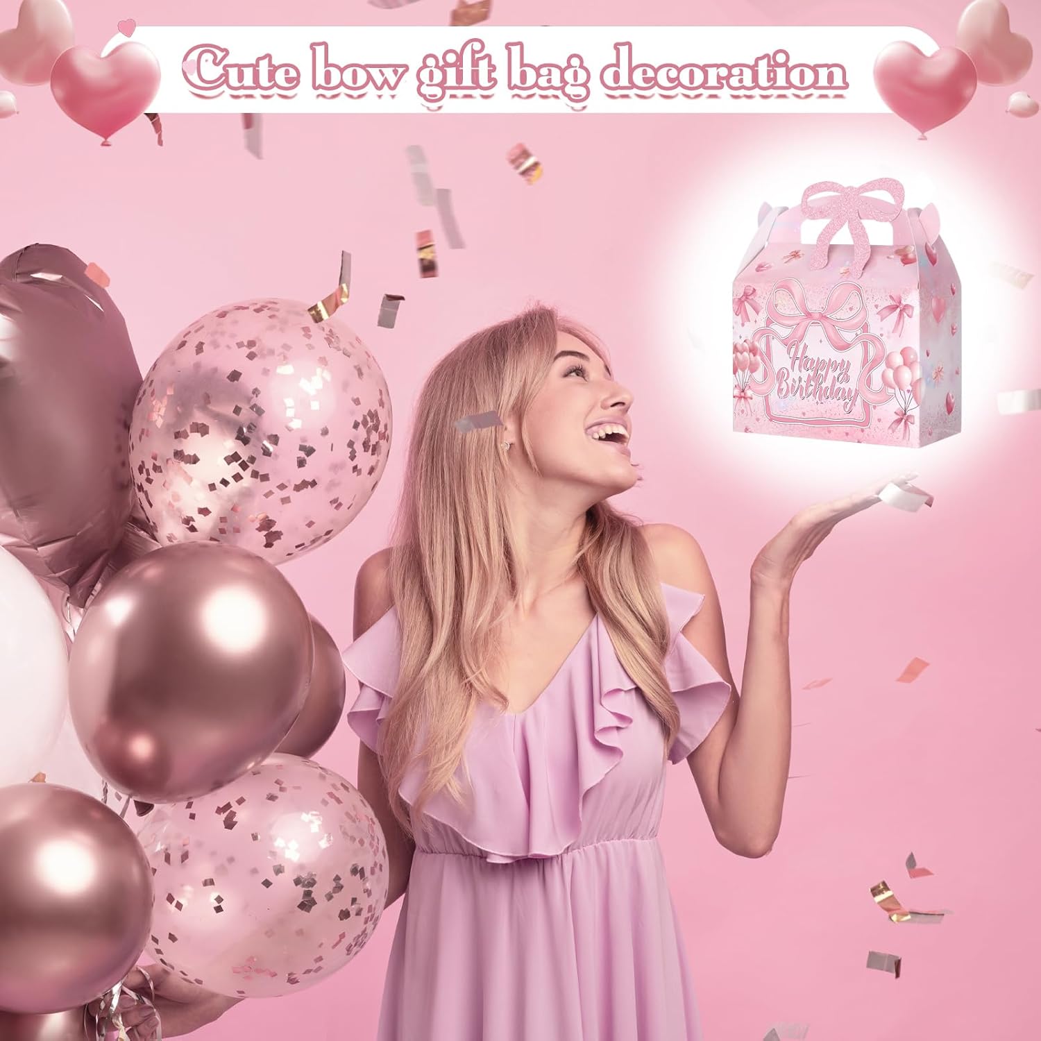 24 Pcs Pink Bow Birthday Party Gift Boxes Galentine Treat Candy Bags Coquette Glitter Bow Boxes with Handle Foldable Birthday Party Favor Goodie Bags Decorations Wedding Bachelorette Supplies - Image 5