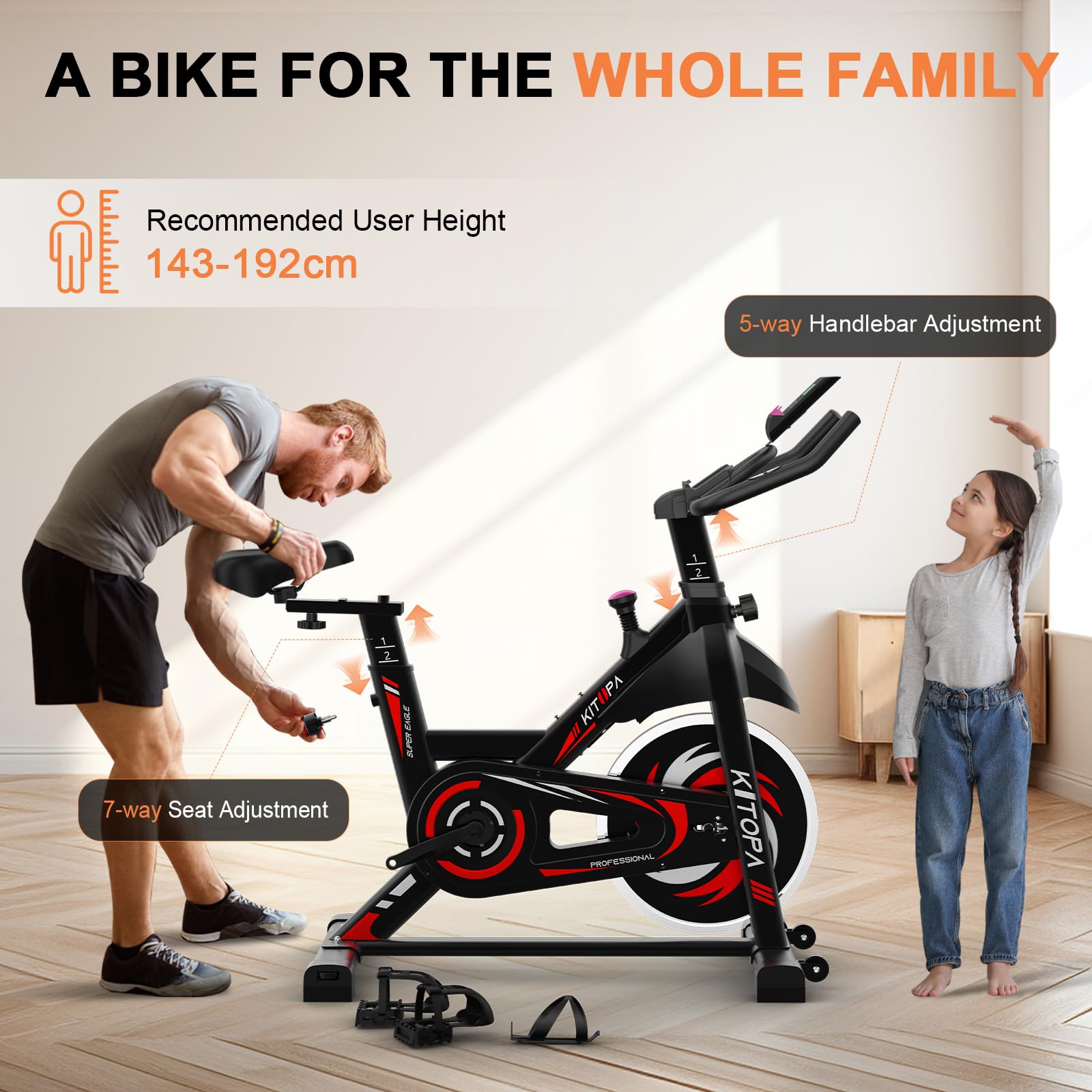 Kitopa Cyclette da Casa, Cyclette Professionale Magnetica con APP, Volano da 15 kg, Schermo Monitoraggio, Supporto Tablet, Capacità di Peso 150 kg