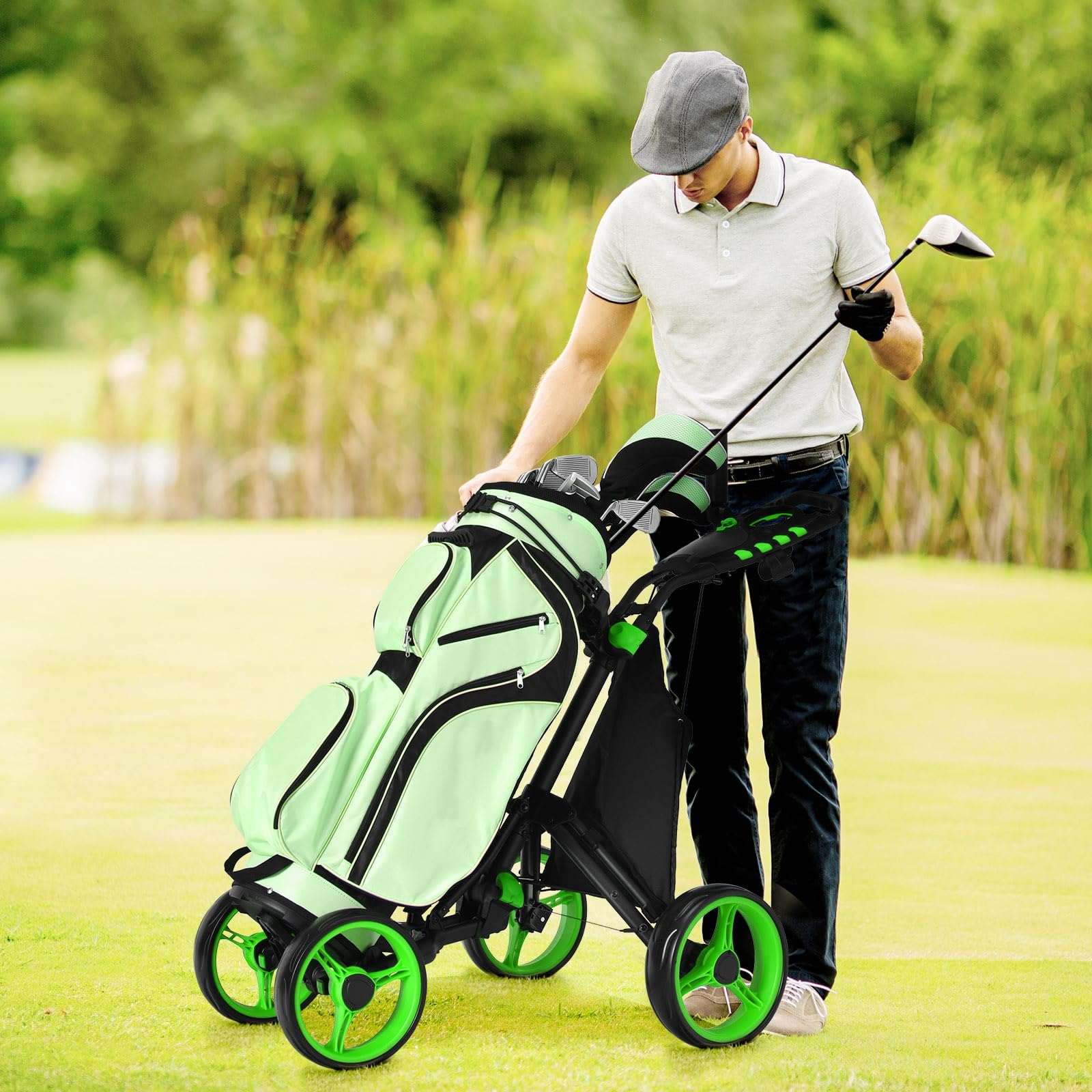 LIFEZEAL Carrello da golf leggero con 4 ruote, carrello da golf pieghevole con borsa, freno a pedale e maniglia regolabile, 110 x 65 x 100 cm