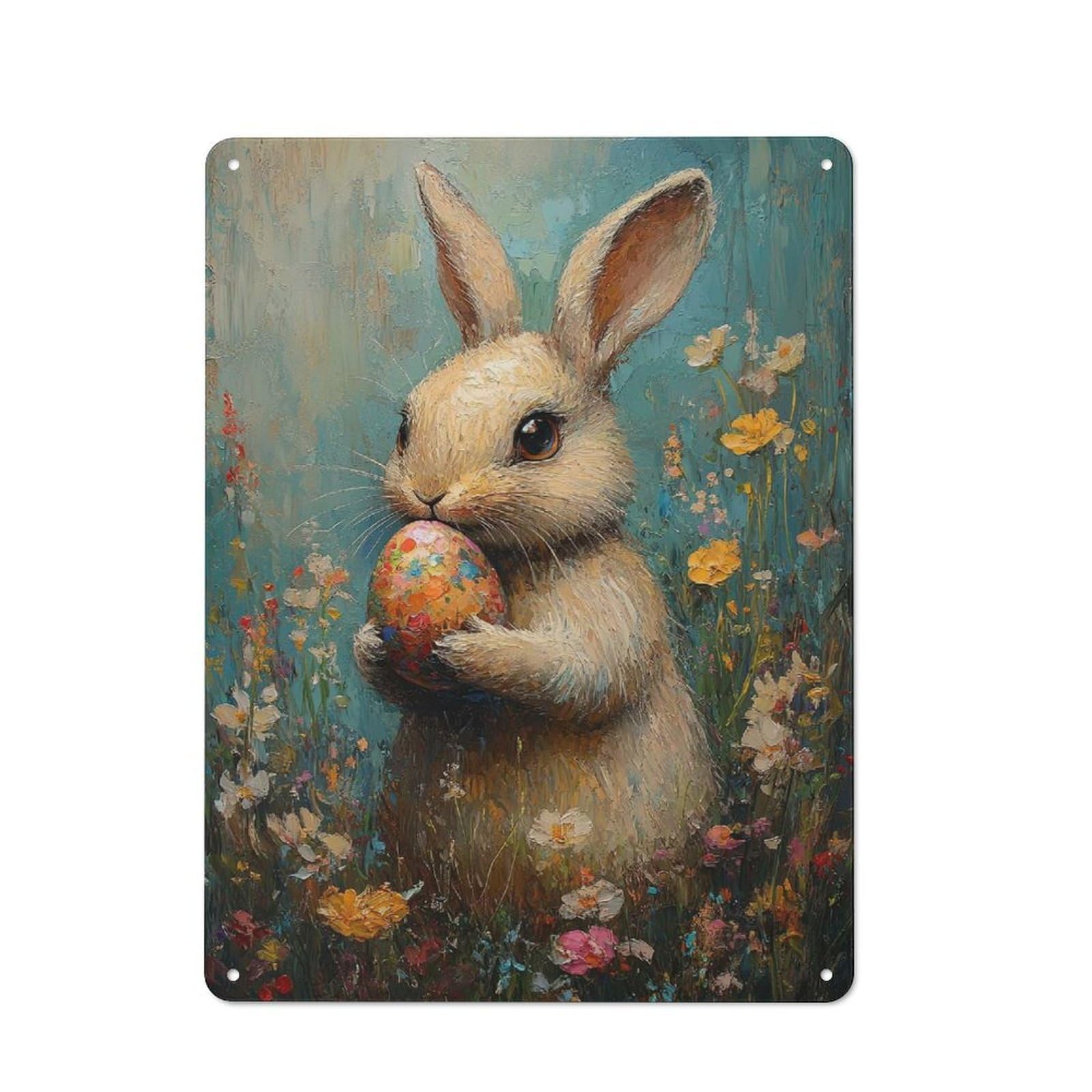 Decorative Tin Plaque with Easter Bunny with Egg Design 40x30cm, Old Style Bar Wall Plaque for Bar, Kitchen, Garage Or Games Room
