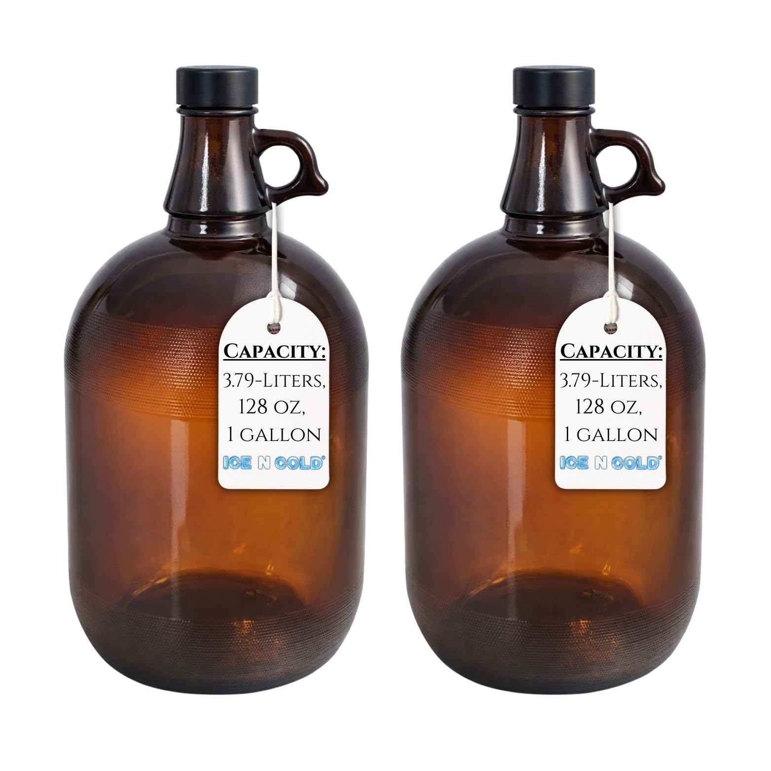 1 Gallon (128oz) Amber Glass Jug With 38mm Cap - Pack of Two, Large