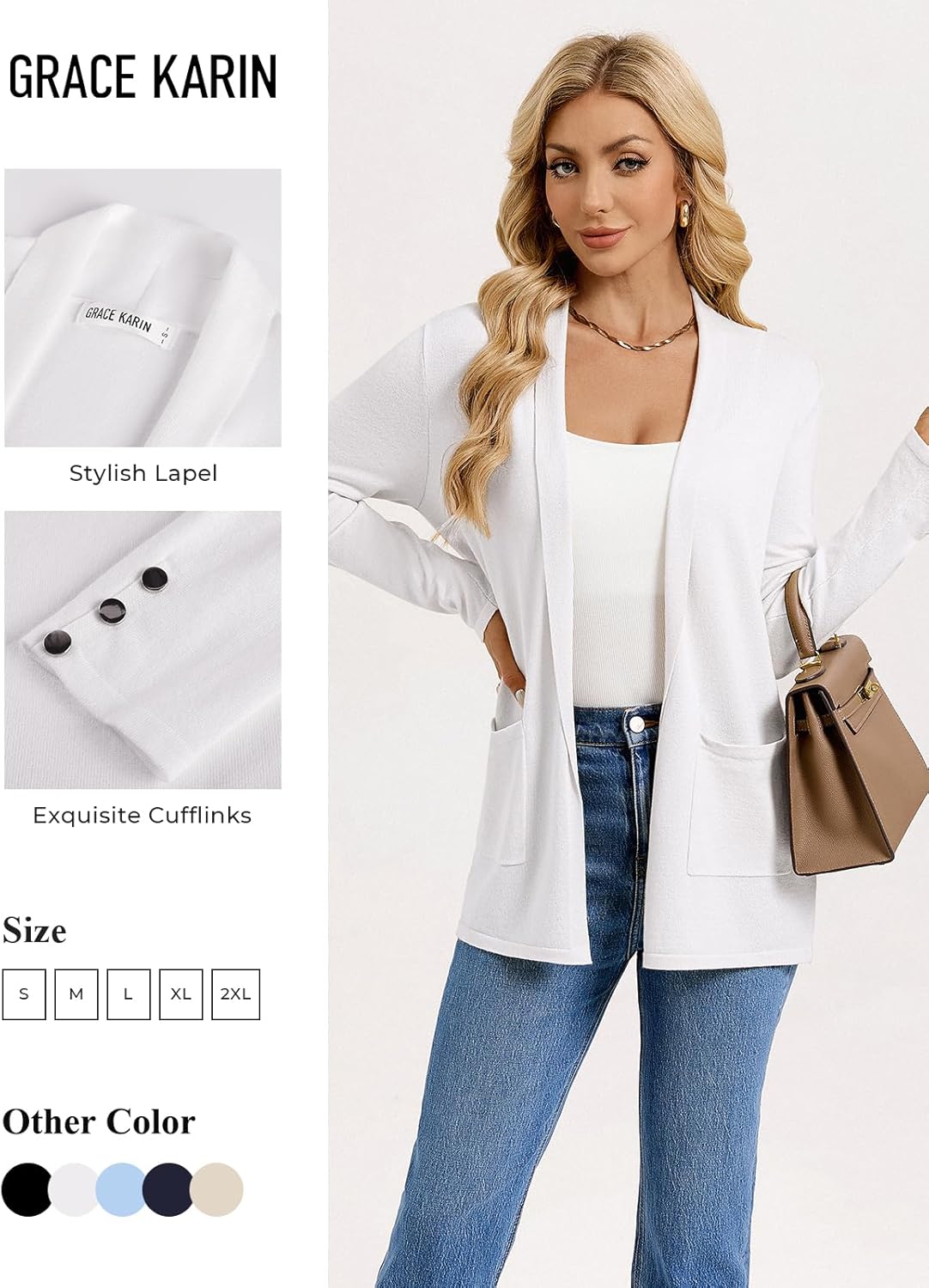 GRACE KARIN Long Cardigans for Women, Long Sleeve Open Front Cardigan Sweaters, Lightweight Spring Jacket with Pockets - Image 4