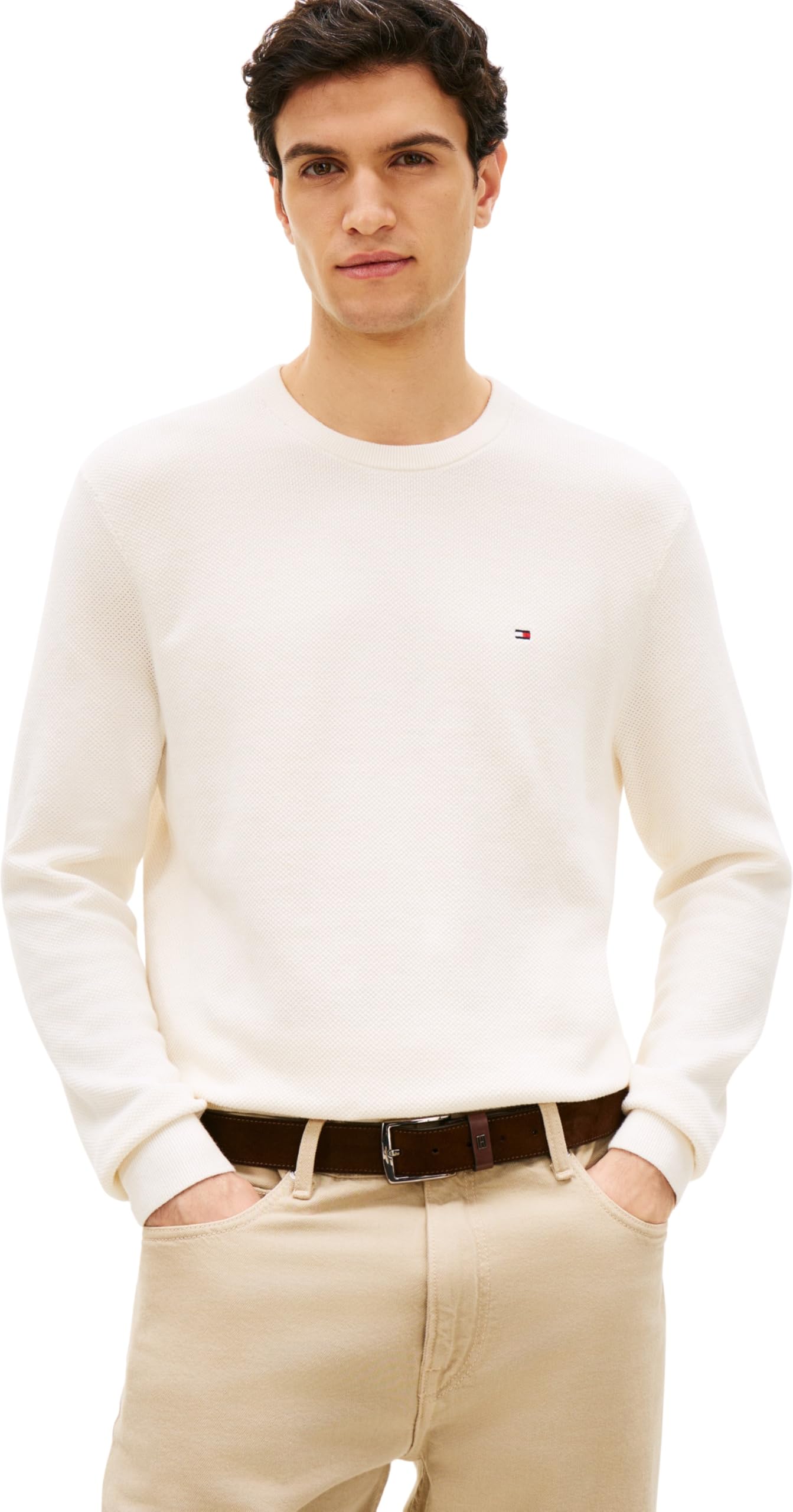 Tommy Hilfiger Flag Textured Crew Neck Jumper Men's Ivory Large