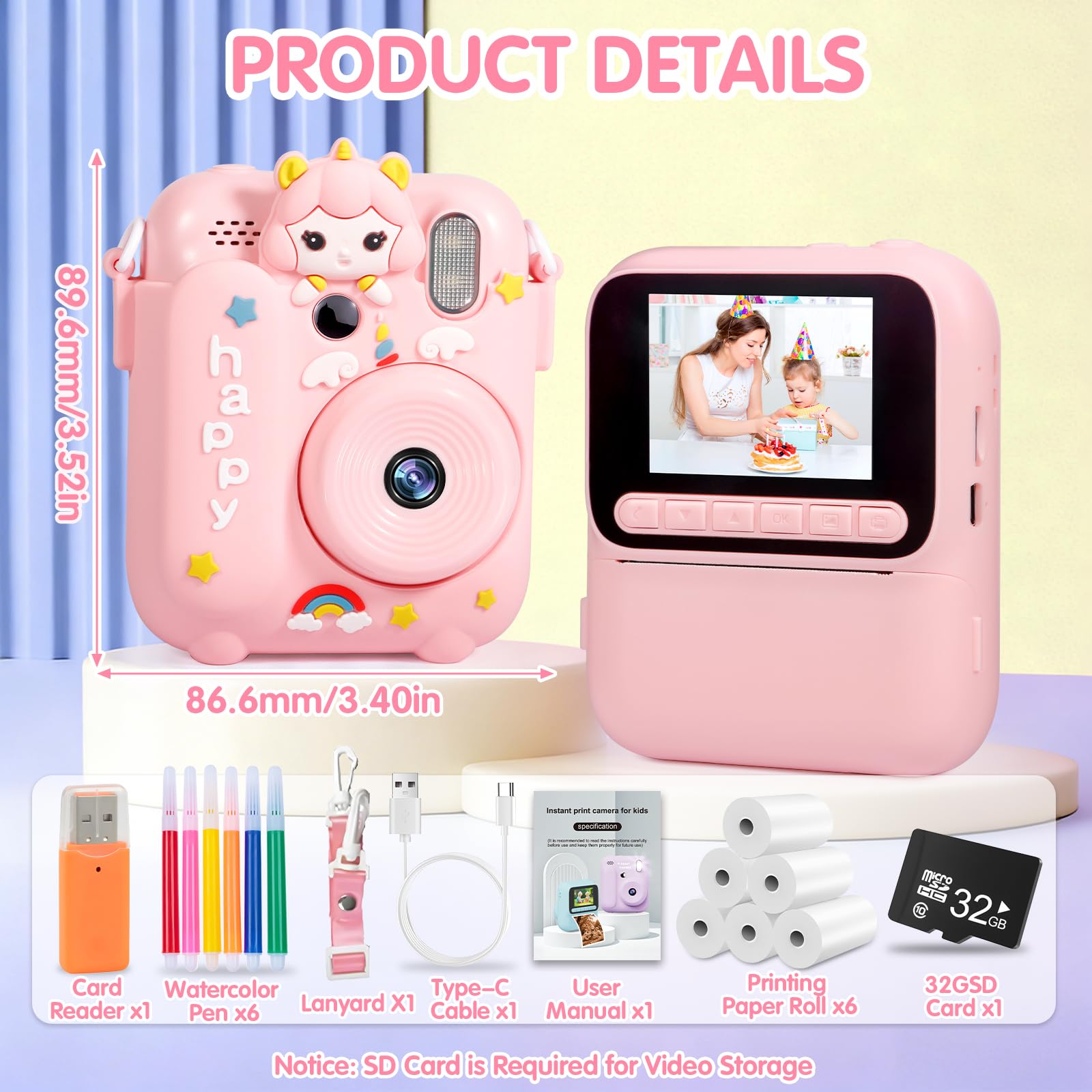 Macchina Fotografica Bambini Istantanea,2,4" Fotocamera Istantanea,1080P HD Fotocamera Digitale con 32 GB Scheda,6 Rotoli di Carta da Stampa e Penne Colorate,Regalo per Ragazze Ragazzi da 3-12