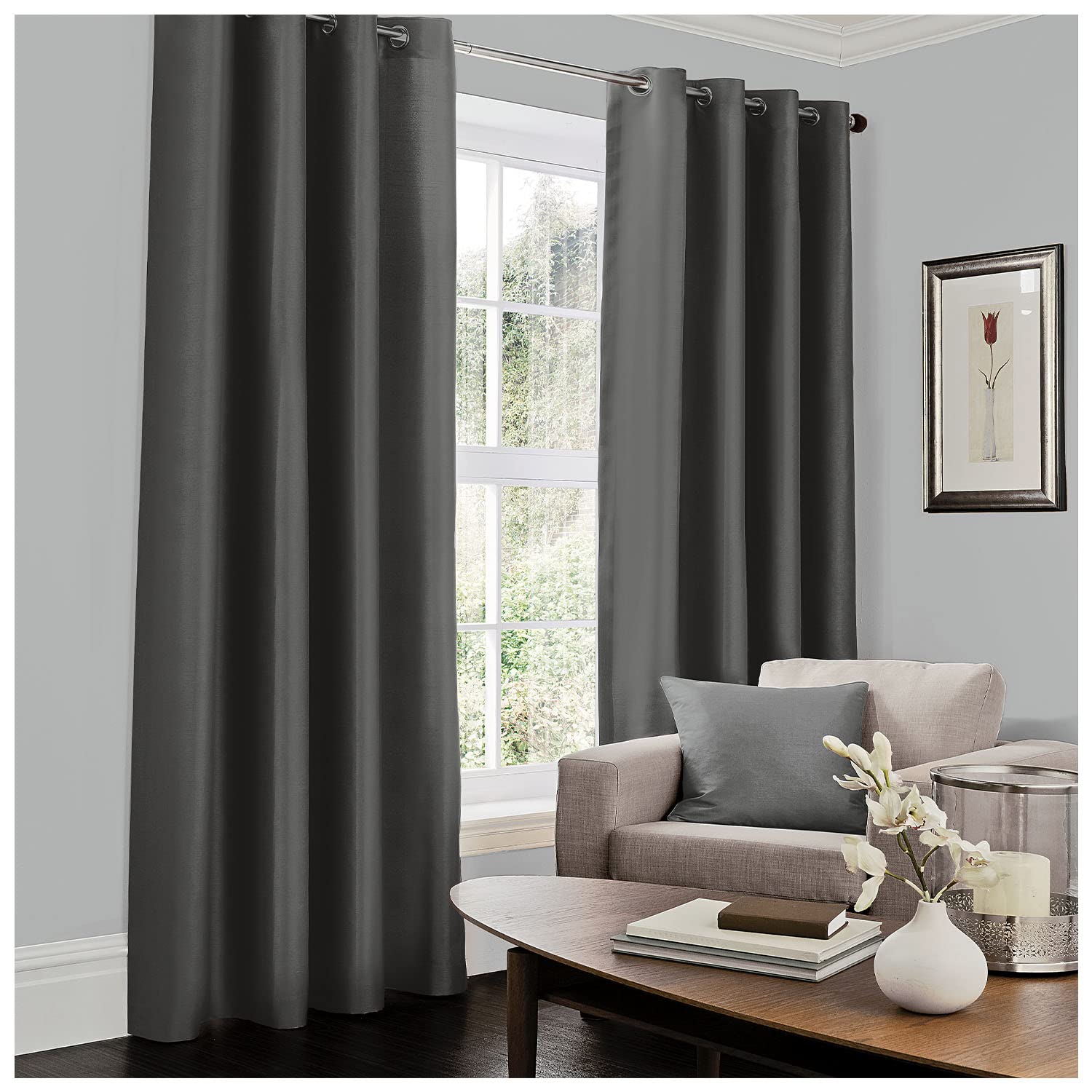 GC GAVENO CAVAILIA Luxury Eyelet Curtains Wih Matching Tie Backs, Fully Polyester Lined Pair of Window Curtain, Charcoal, 66X72 Inch