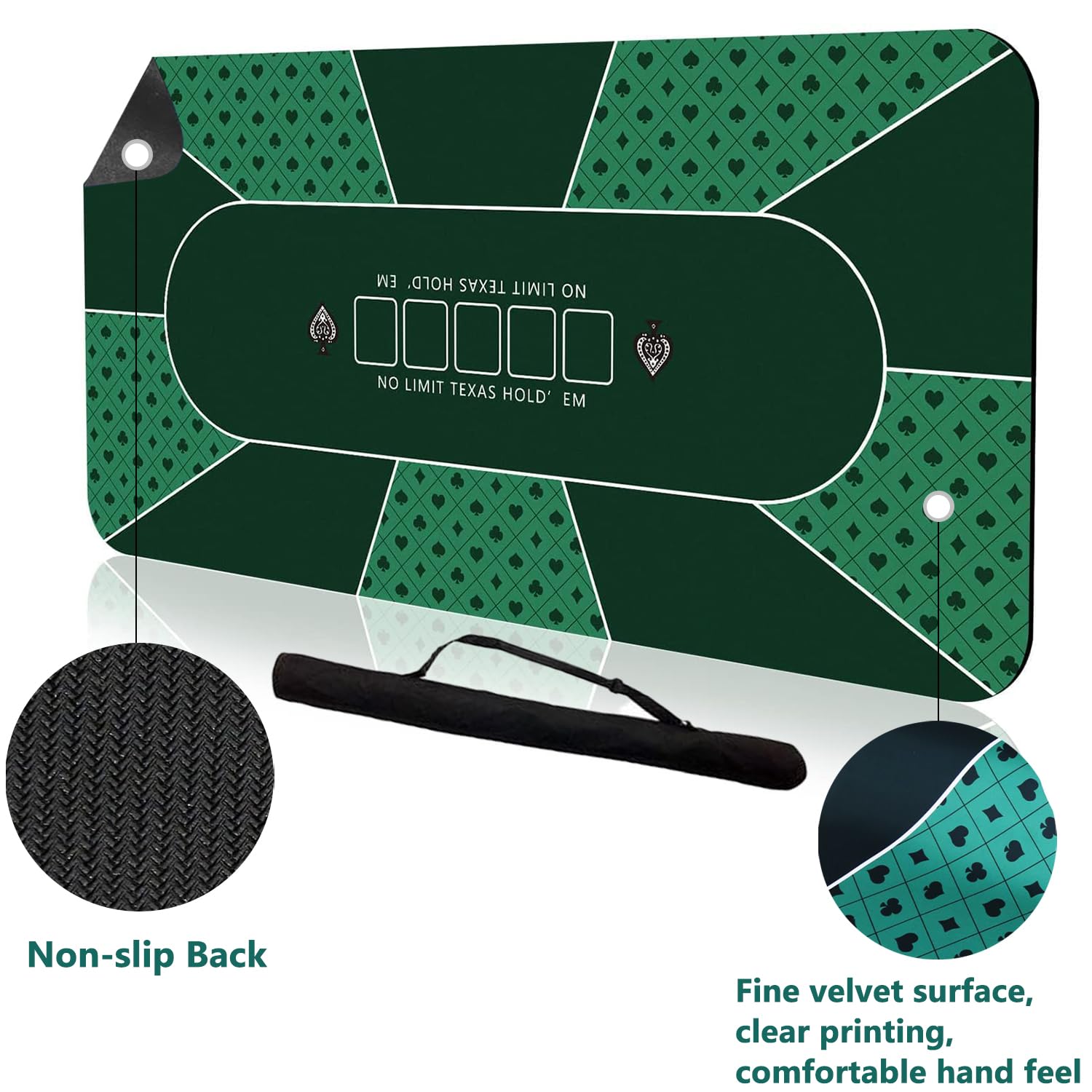 Tapete de póquer para 10 jugadores, 180 x 90 cm, tapete de goma Texas Hold'em, diseño plegable portátil para mesas con bolsa de transporte para juegos de póquer